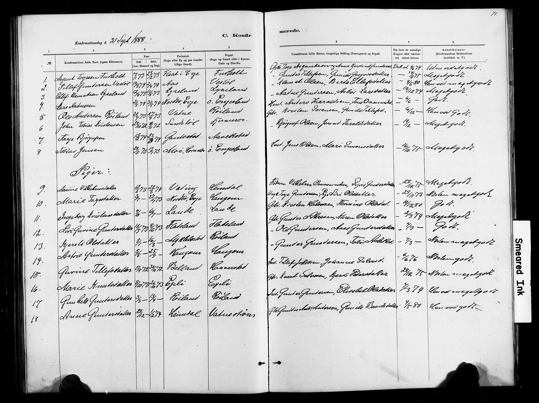 Herefoss sokneprestkontor, SAK/1111-0019/F/Fb/Fbb/L0002: Parish register (copy) no. B 2, 1879-1894, p. 71