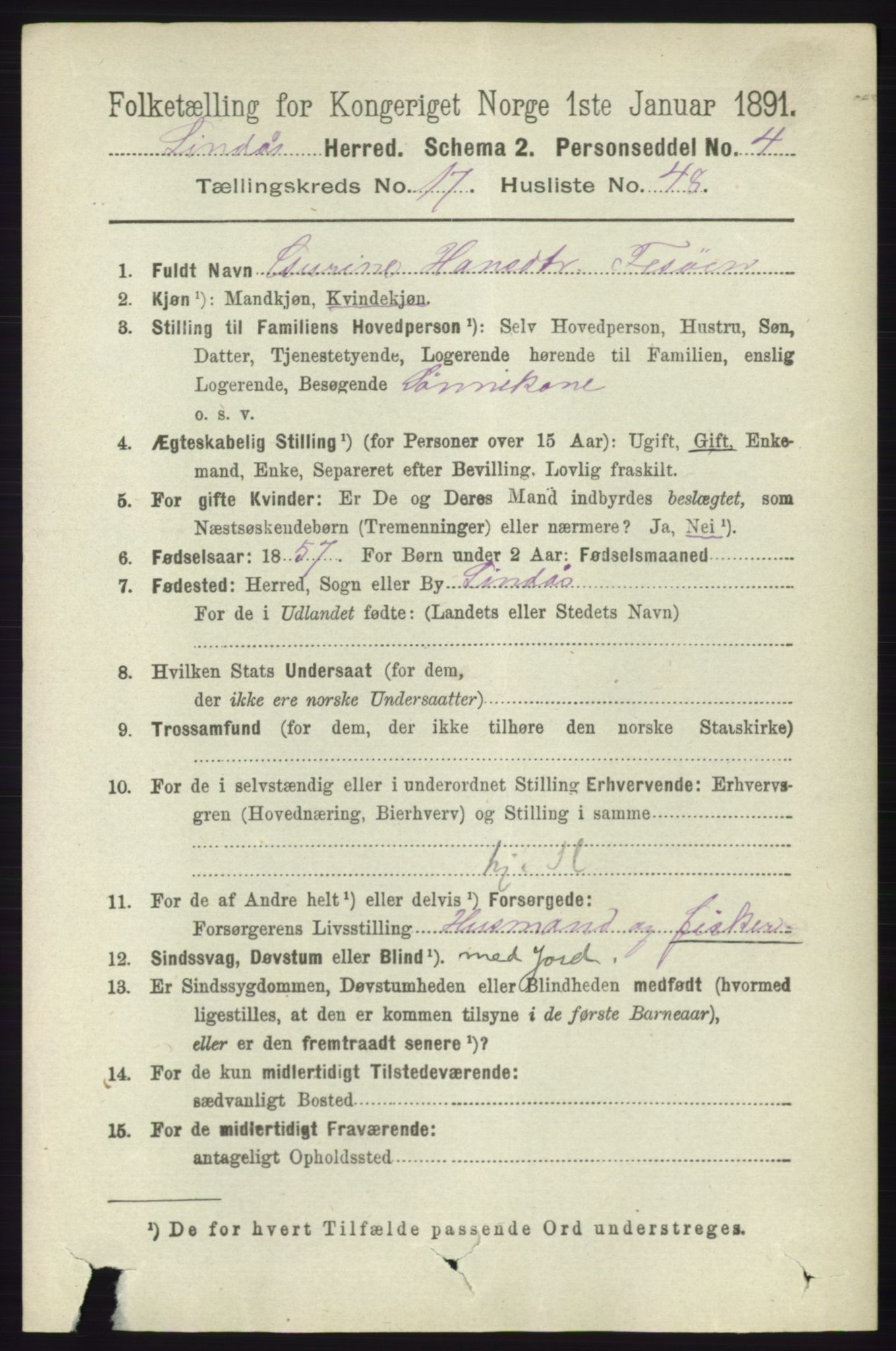 RA, 1891 census for 1263 Lindås, 1891, p. 6461