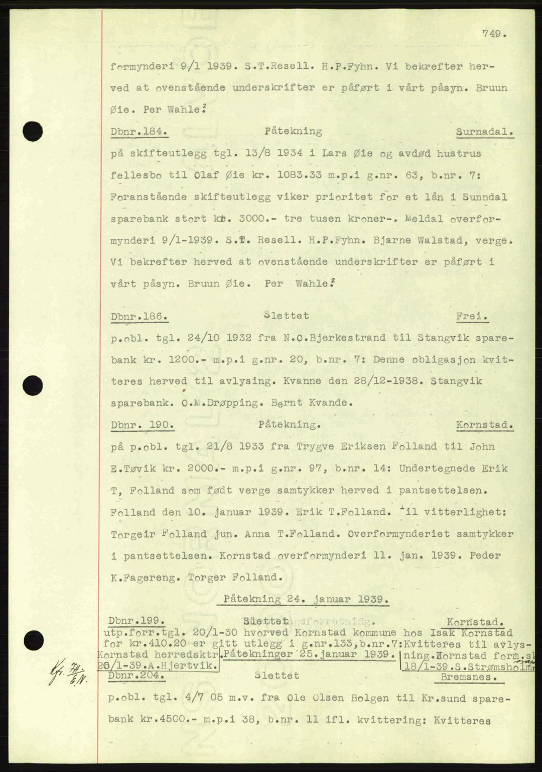 Nordmøre sorenskriveri, AV/SAT-A-4132/1/2/2Ca: Mortgage book no. C80, 1936-1939, Diary no: : 184/1939