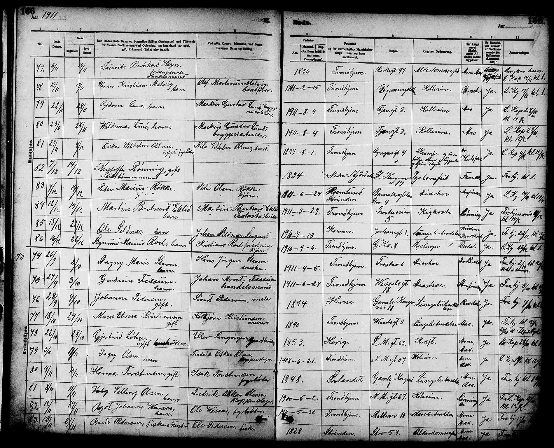 Ministerialprotokoller, klokkerbøker og fødselsregistre - Sør-Trøndelag, SAT/A-1456/605/L0255: Parish register (copy) no. 605C02, 1908-1918, p. 166