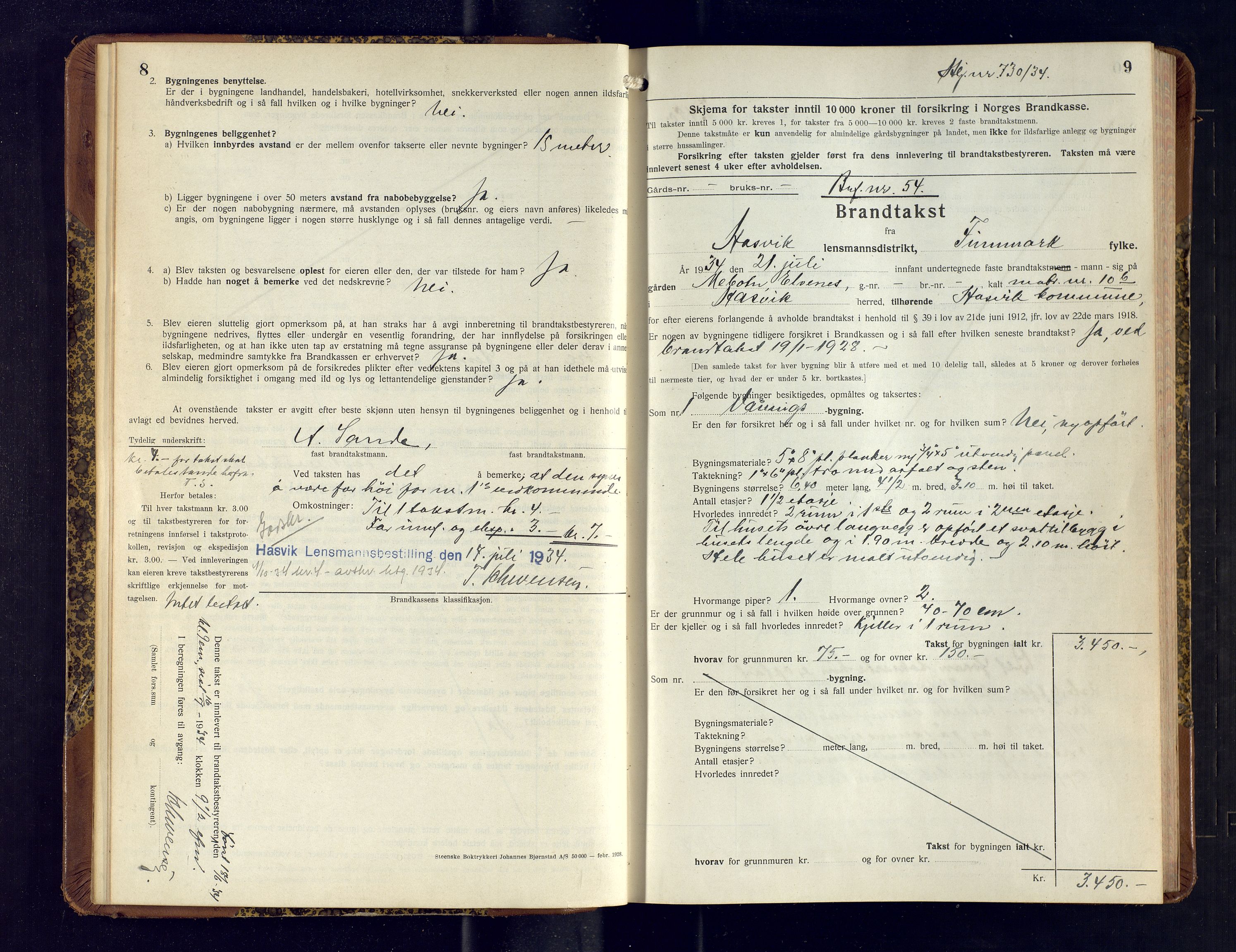 Hasvik lensmannskontor, AV/SATØ-SATO-164/Fob/L0009: Branntakstprotokoll, 1934-1939, p. 8-9