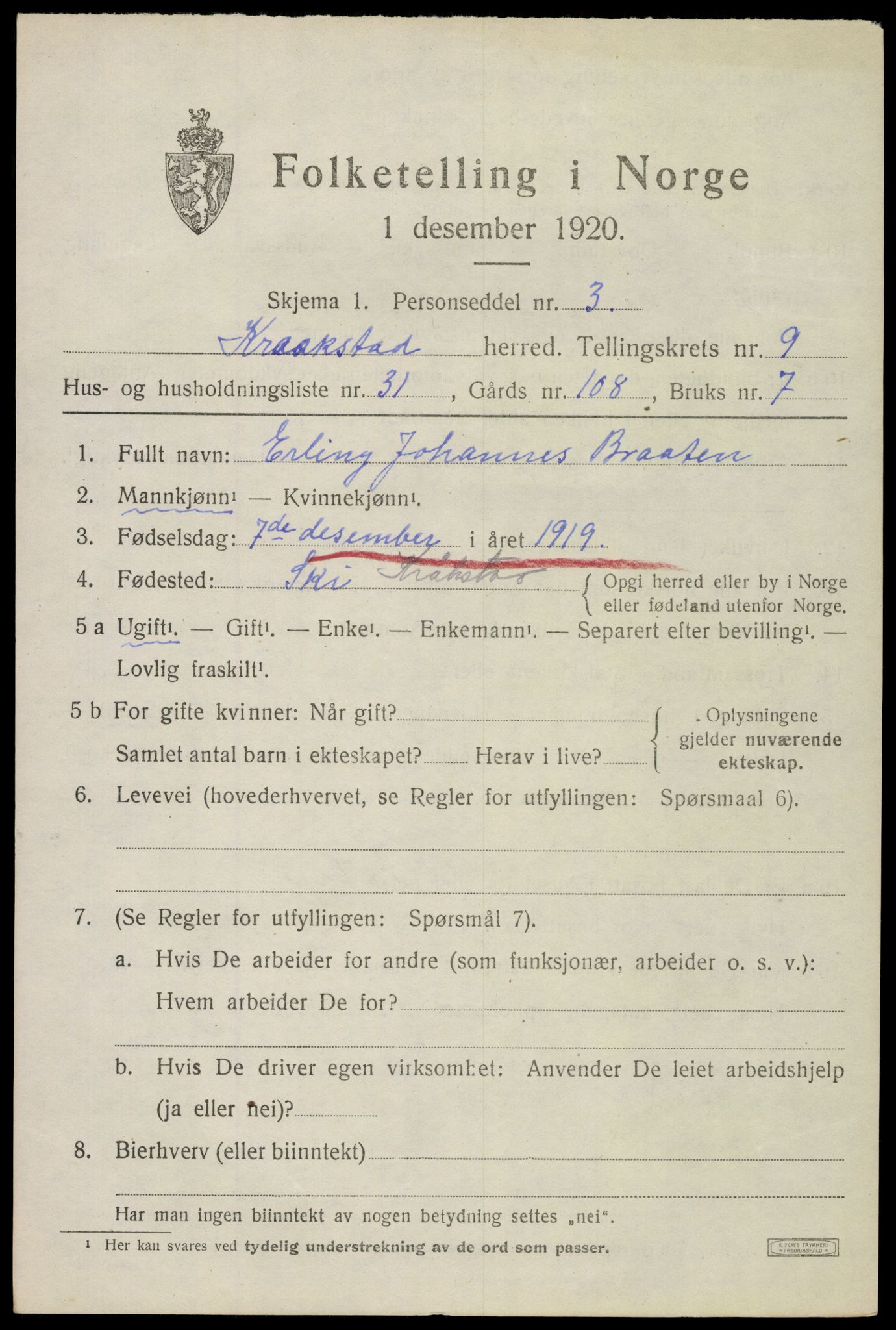 SAO, 1920 census for Kråkstad, 1920, p. 9973