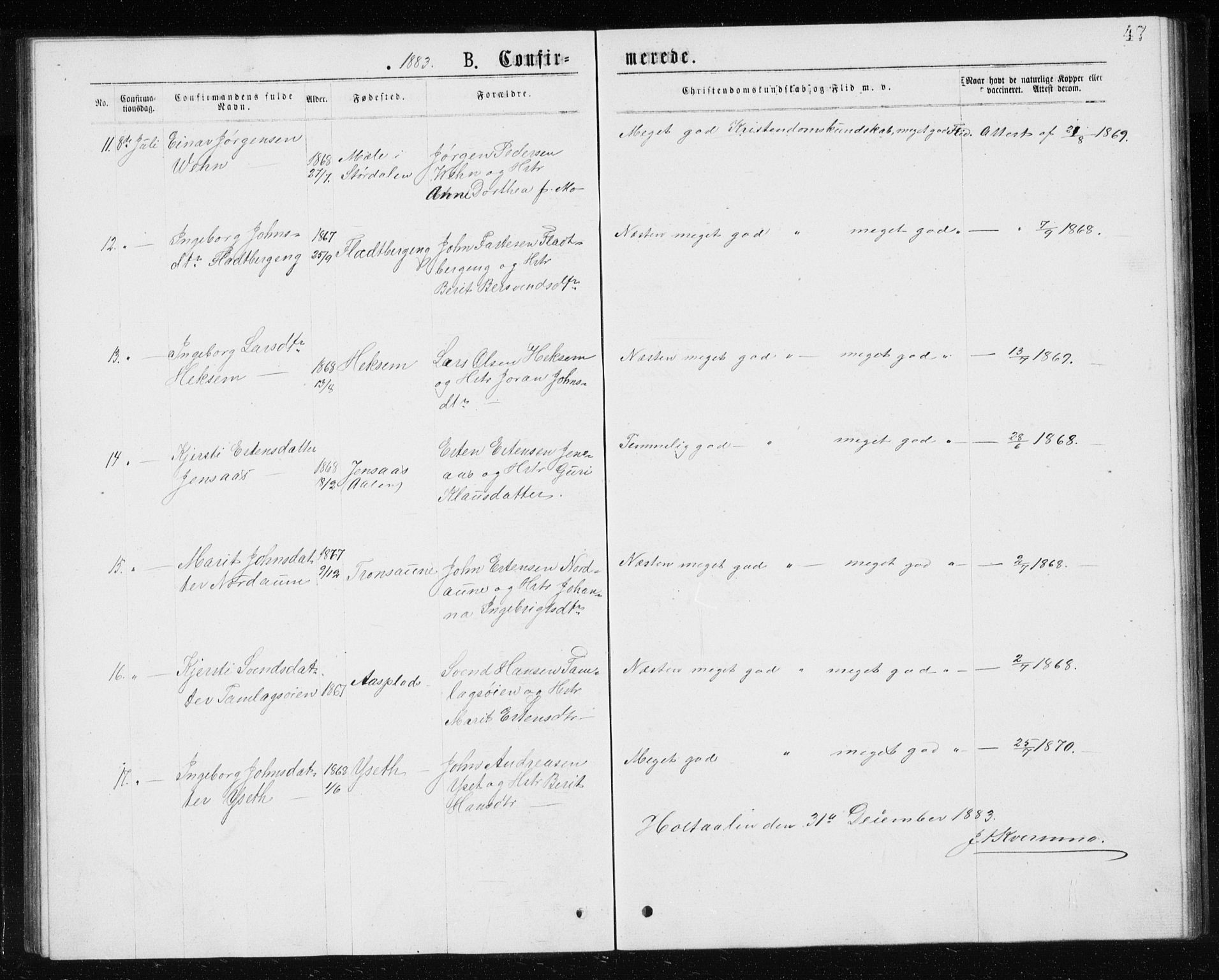 Ministerialprotokoller, klokkerbøker og fødselsregistre - Sør-Trøndelag, SAT/A-1456/685/L0977: Parish register (copy) no. 685C02, 1879-1890, p. 47
