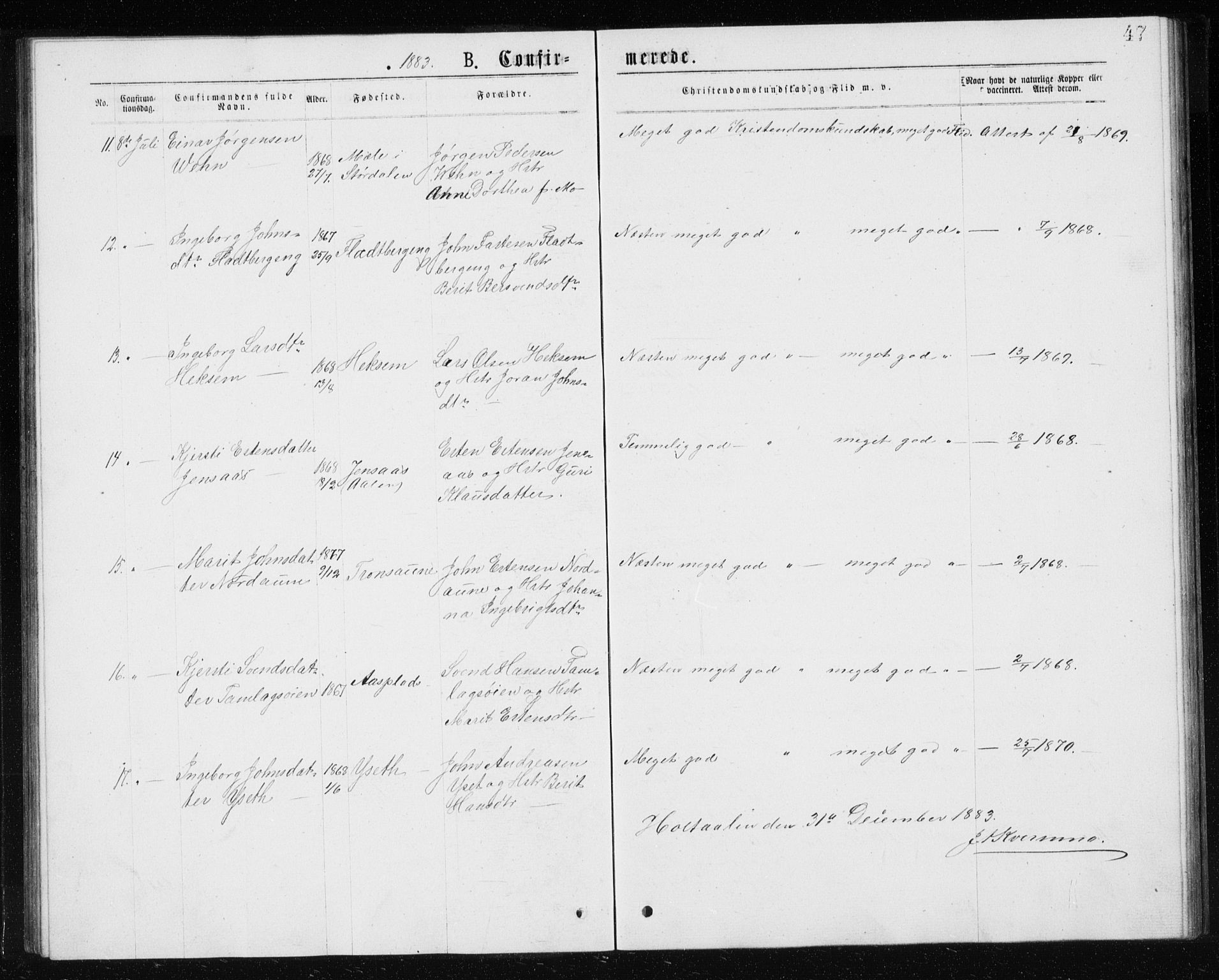 Ministerialprotokoller, klokkerbøker og fødselsregistre - Sør-Trøndelag, AV/SAT-A-1456/685/L0977: Parish register (copy) no. 685C02, 1879-1890, p. 47