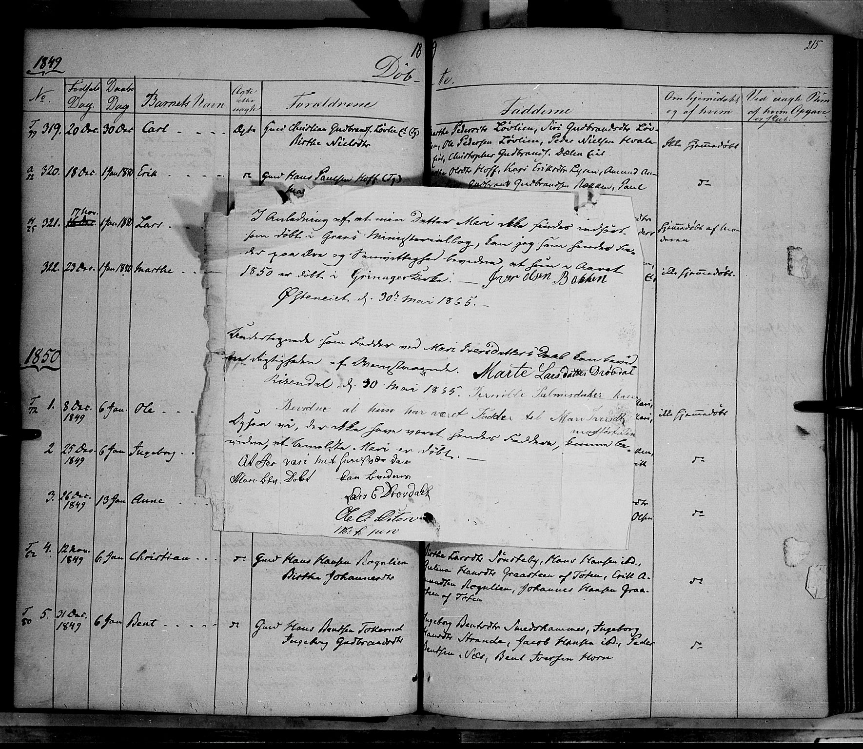 Gran prestekontor, SAH/PREST-112/H/Ha/Haa/L0011: Parish register (official) no. 11, 1842-1856, p. 214-215