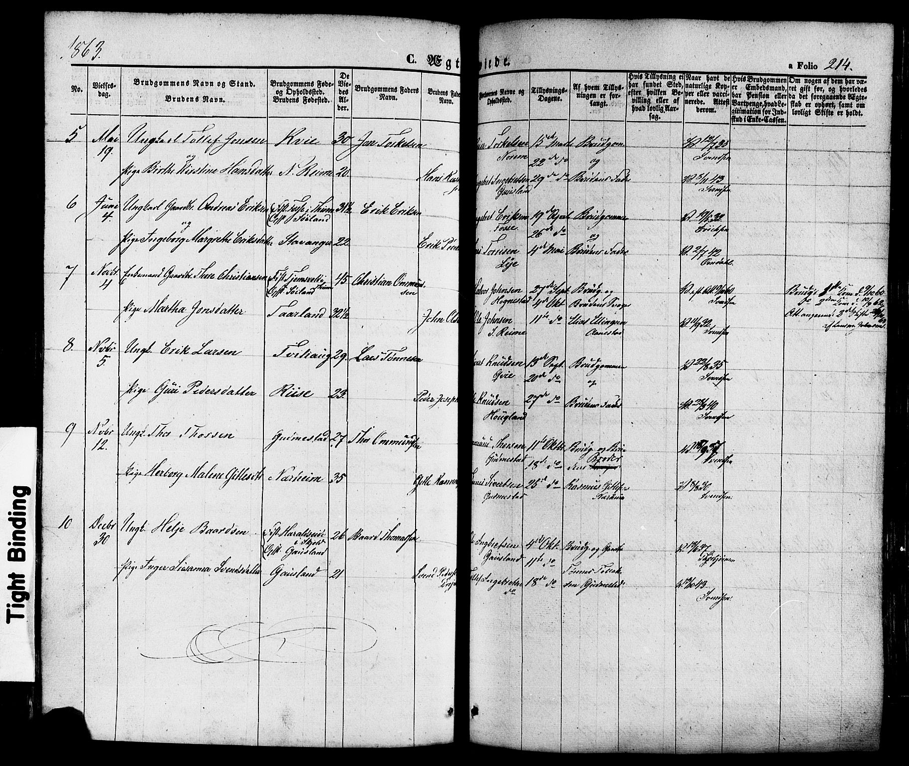 Hå sokneprestkontor, AV/SAST-A-101801/001/30BA/L0008: Parish register (official) no. A 7, 1853-1878, p. 214