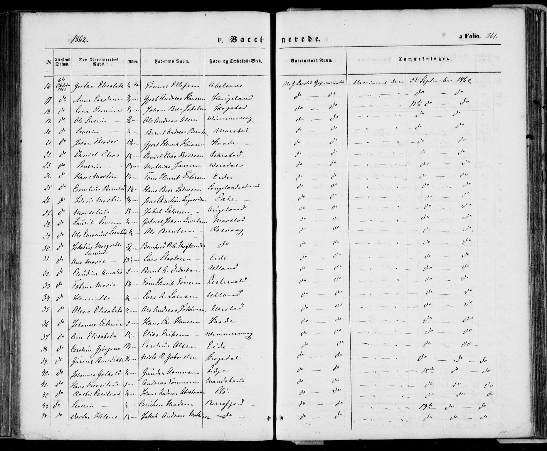 Flekkefjord sokneprestkontor, SAK/1111-0012/F/Fa/Fab/L0004: Parish register (official) no. A 4, 1850-1875, p. 261