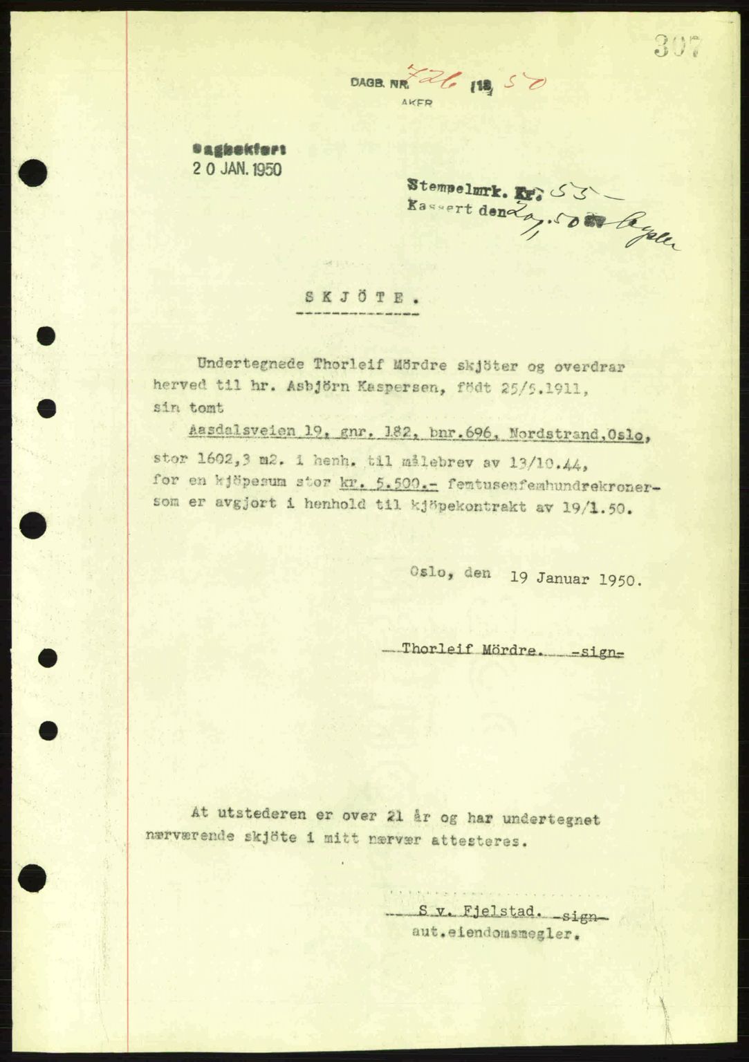 Oslo byskriverembete, AV/SAO-A-10227/G/Gb/Gbd/Gbda/L0017: Mortgage book no. A215, 1949-1950, Diary no: : 726/1950