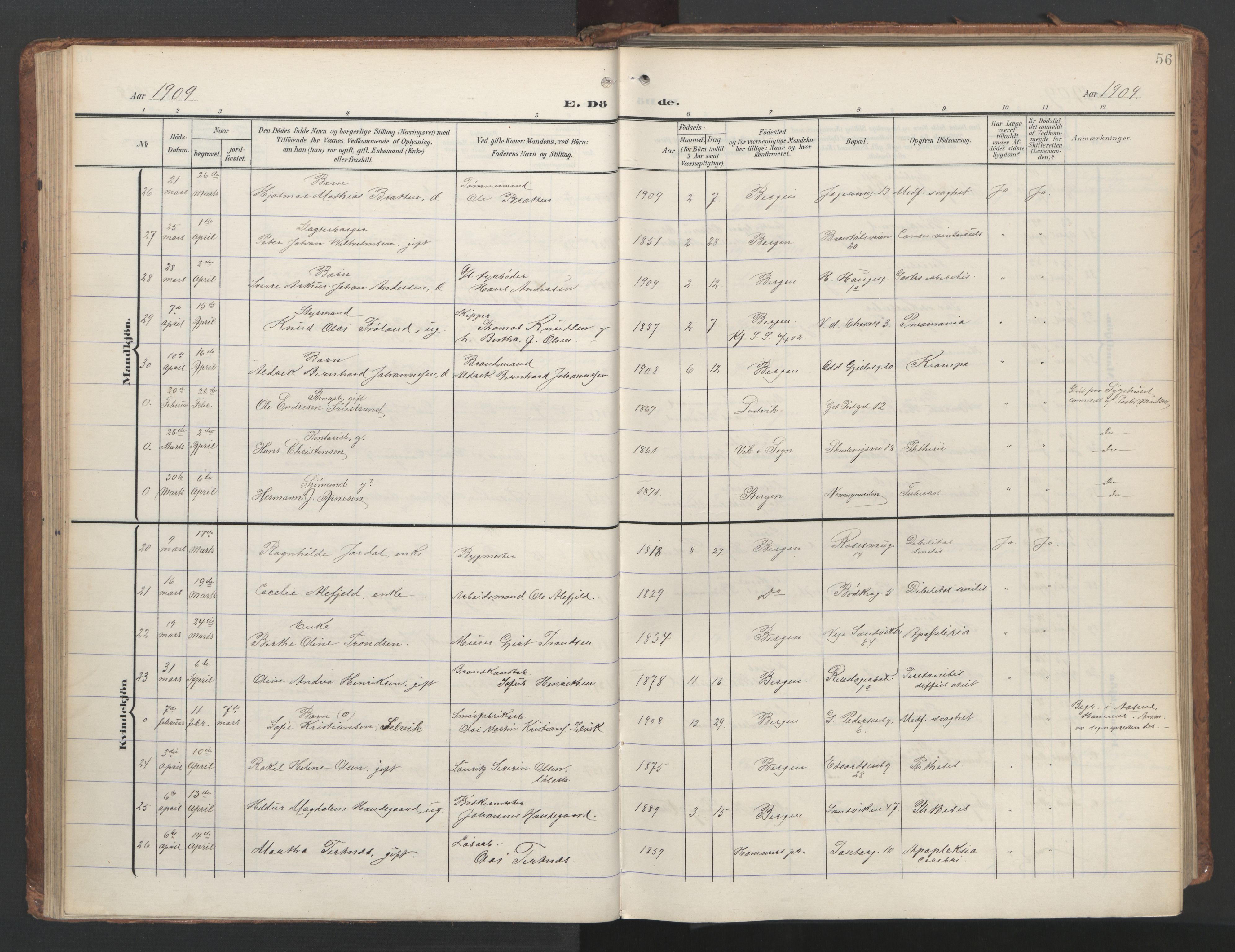 Sandviken Sokneprestembete, SAB/A-77601/H/Ha/L0019: Parish register (official) no. E 2, 1905-1933, p. 56