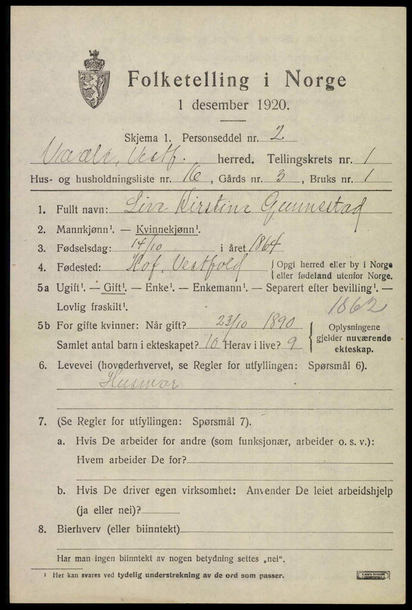 SAKO, 1920 census for Våle, 1920, p. 1236