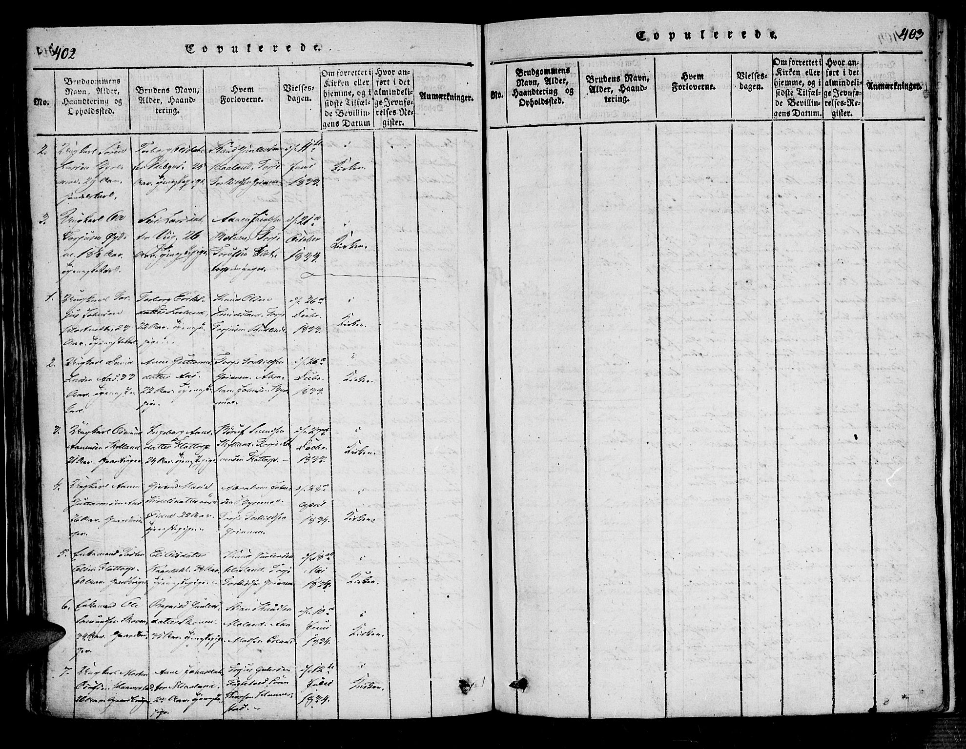 Bjelland sokneprestkontor, SAK/1111-0005/F/Fa/Fac/L0001: Parish register (official) no. A 1, 1815-1866, p. 402-403