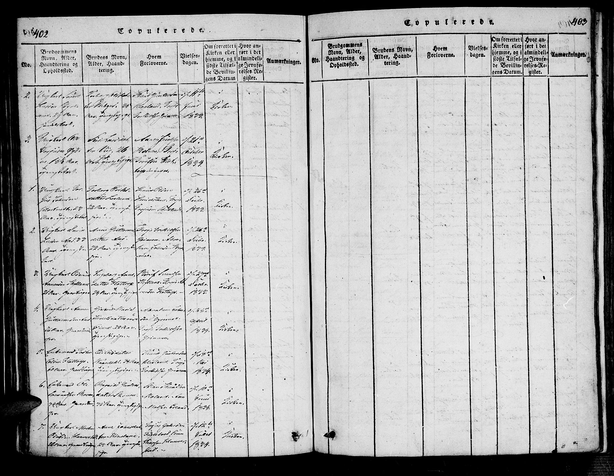 Bjelland sokneprestkontor, AV/SAK-1111-0005/F/Fa/Fac/L0001: Parish register (official) no. A 1, 1815-1866, p. 402-403