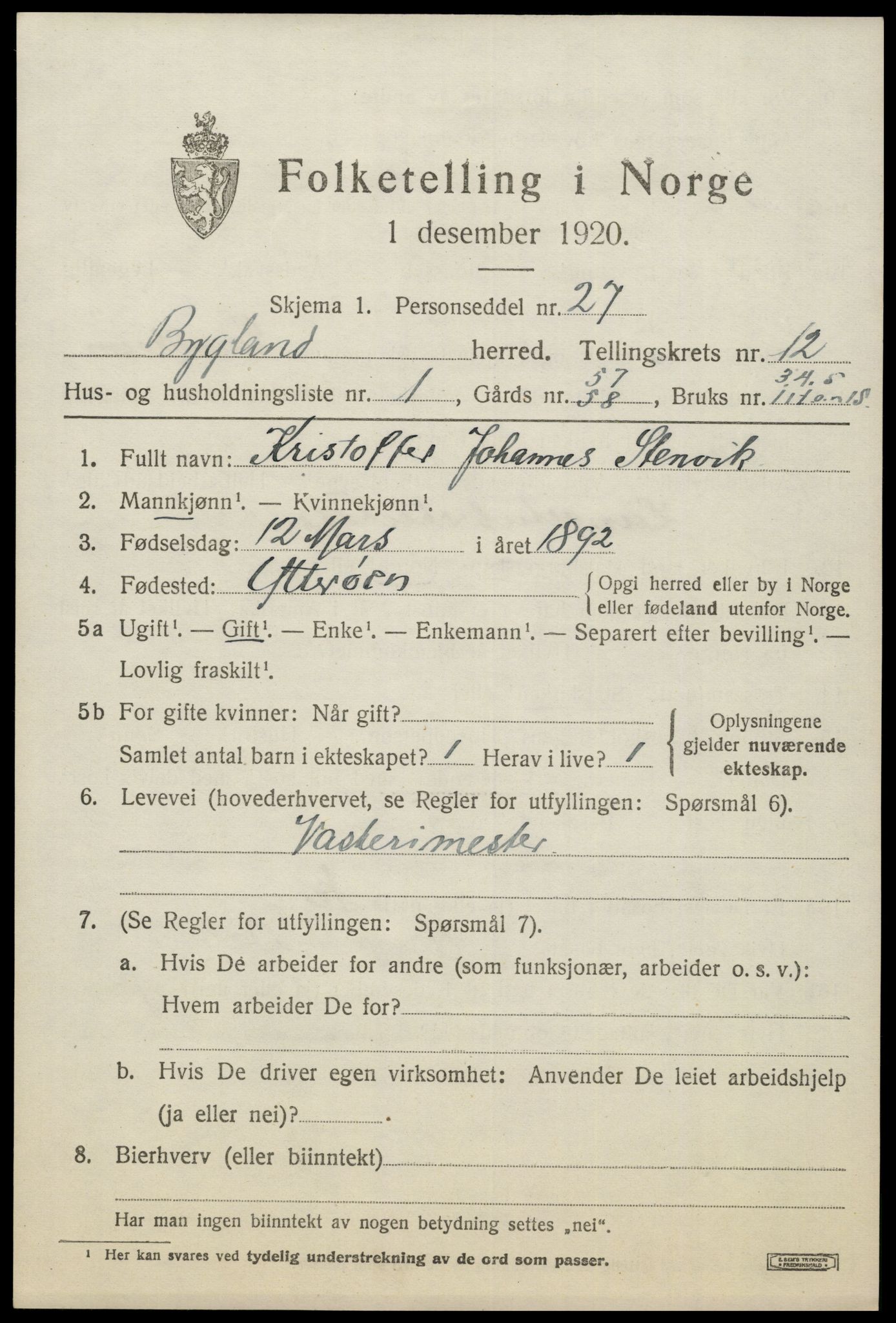 SAK, 1920 census for Bygland, 1920, p. 4513