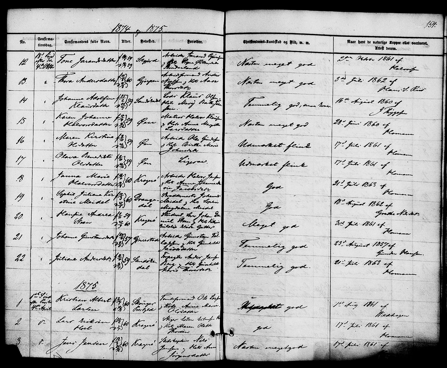 Kragerø kirkebøker, AV/SAKO-A-278/F/Fa/L0008: Parish register (official) no. 8, 1856-1880, p. 154