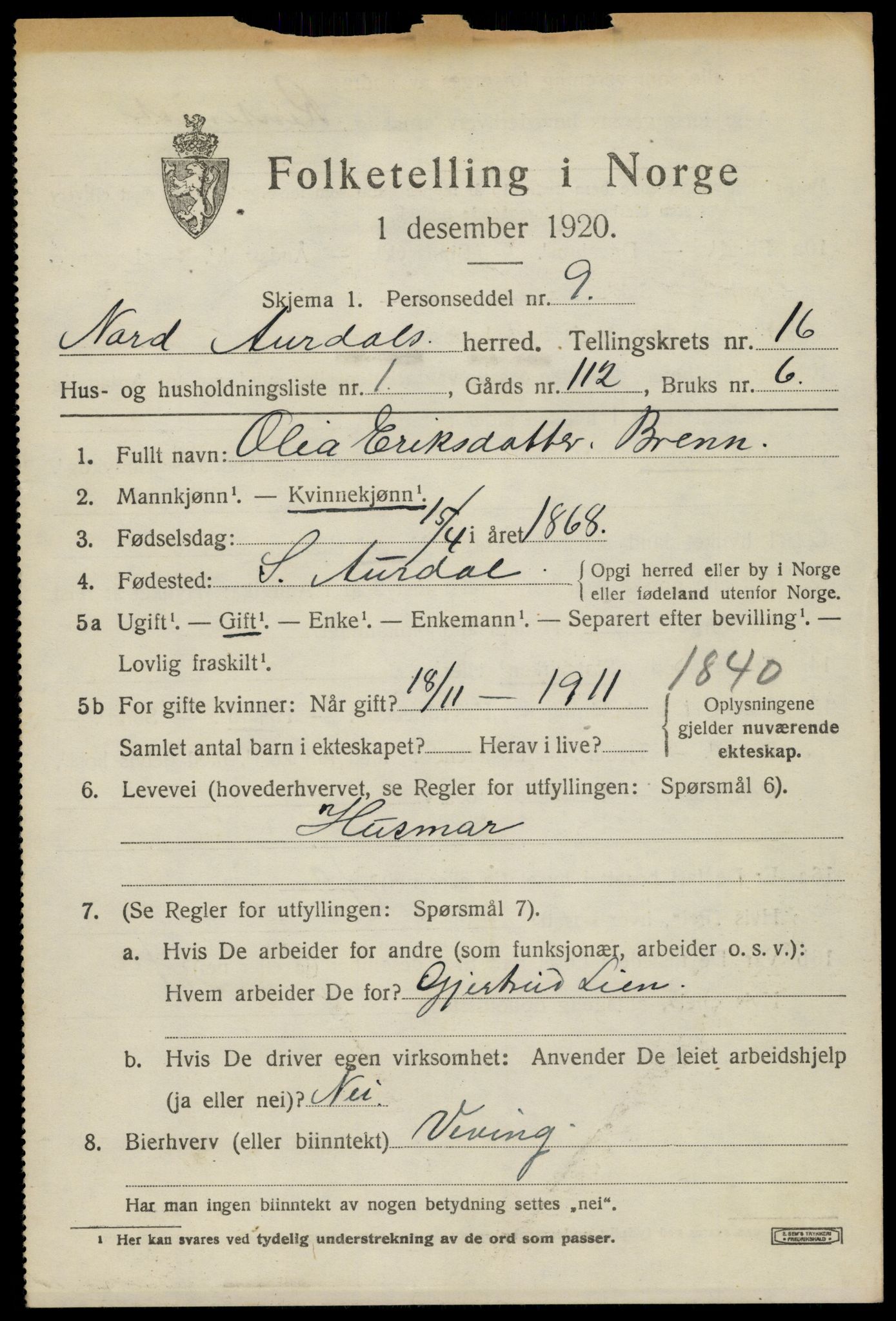 SAH, 1920 census for Nord-Aurdal, 1920, p. 11752