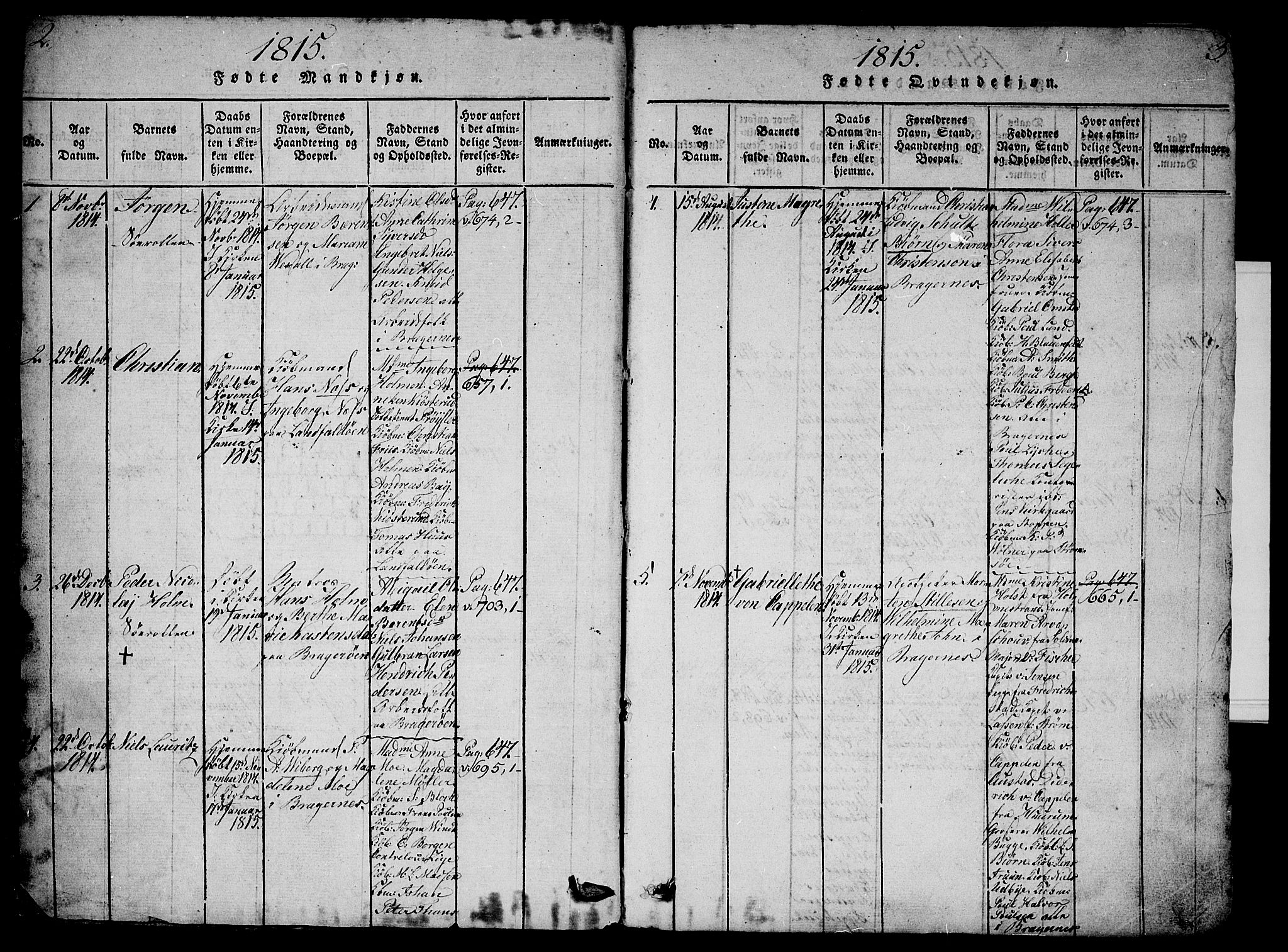 Bragernes kirkebøker, AV/SAKO-A-6/G/Ga/L0001: Parish register (copy) no. 1, 1815-1829, p. 2-3