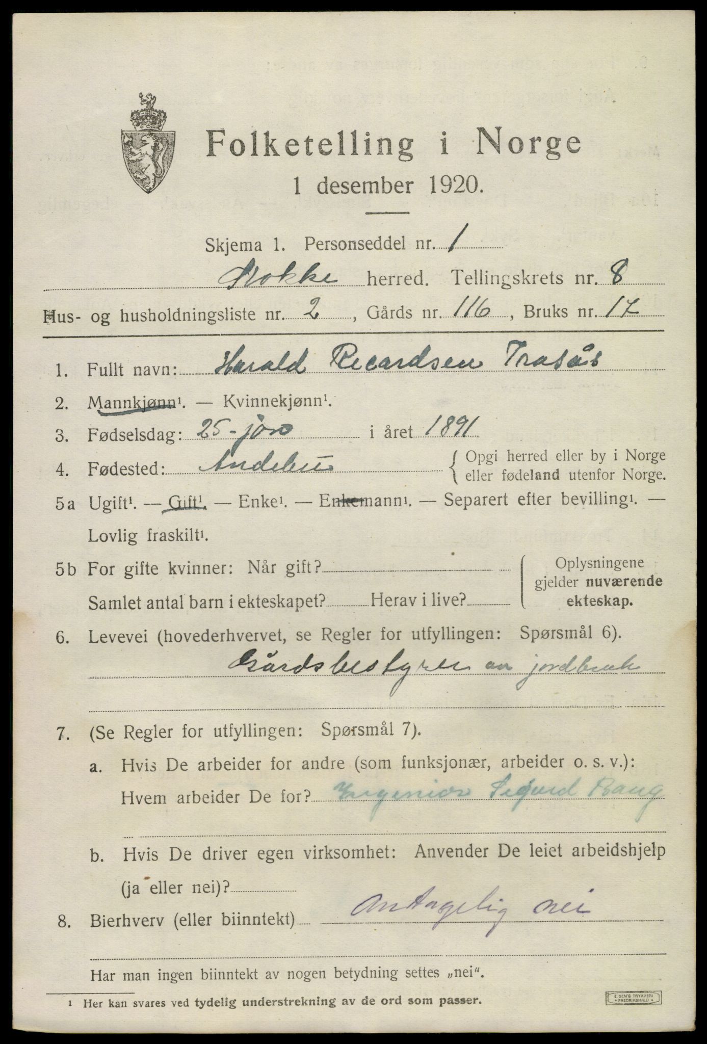 SAKO, 1920 census for Stokke, 1920, p. 9312
