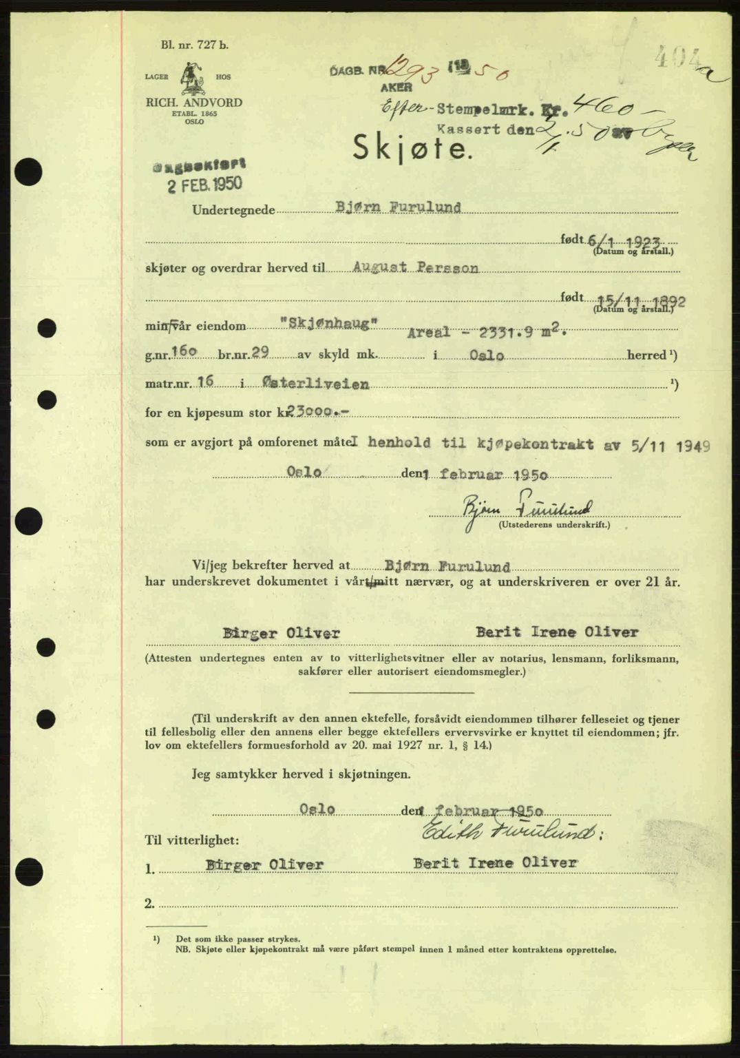 Oslo byskriverembete, AV/SAO-A-10227/G/Gb/Gbd/Gbda/L0017: Mortgage book no. A215, 1949-1950, Diary no: : 1293/1950