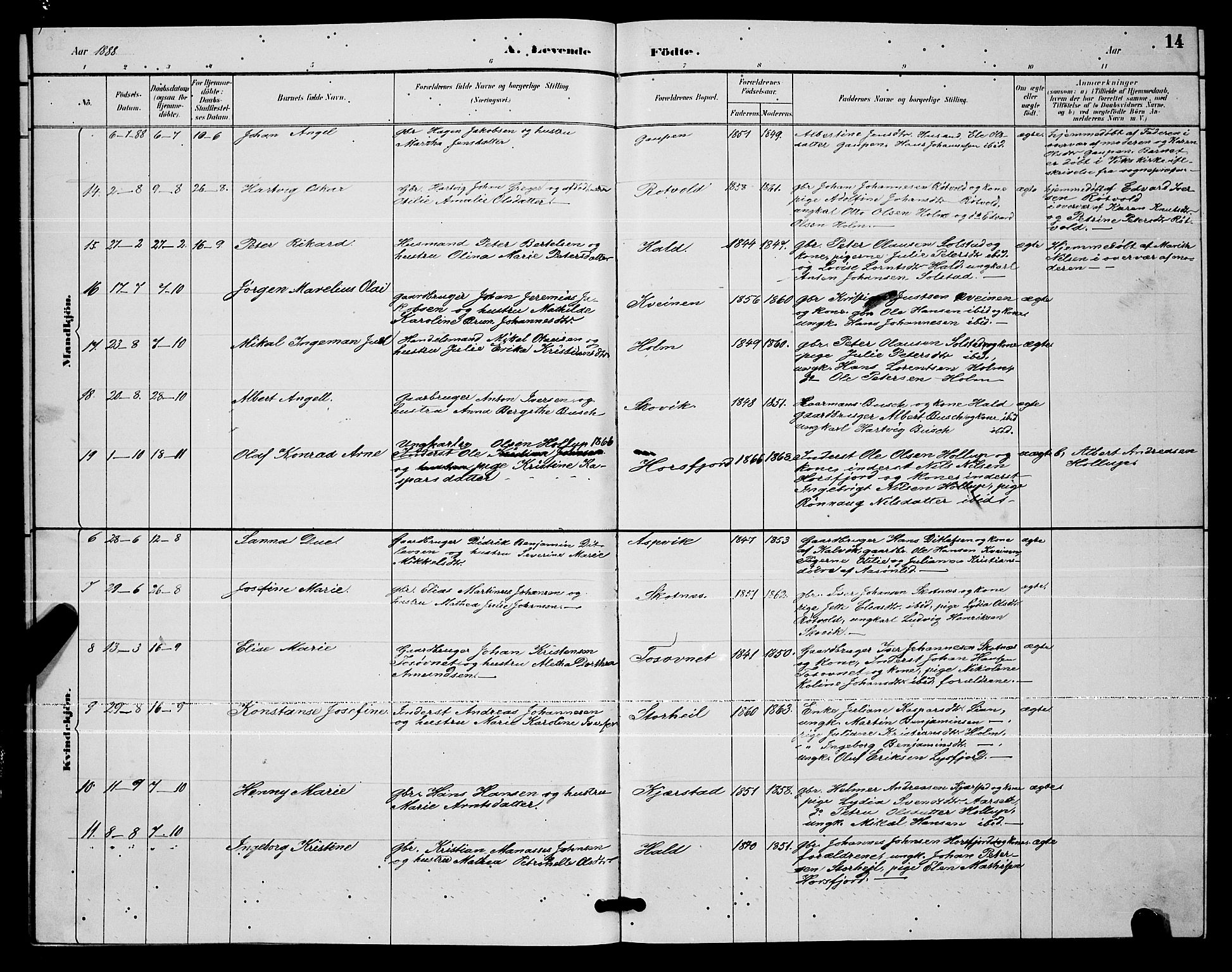 Ministerialprotokoller, klokkerbøker og fødselsregistre - Nordland, AV/SAT-A-1459/811/L0169: Parish register (copy) no. 811C01, 1884-1894, p. 14