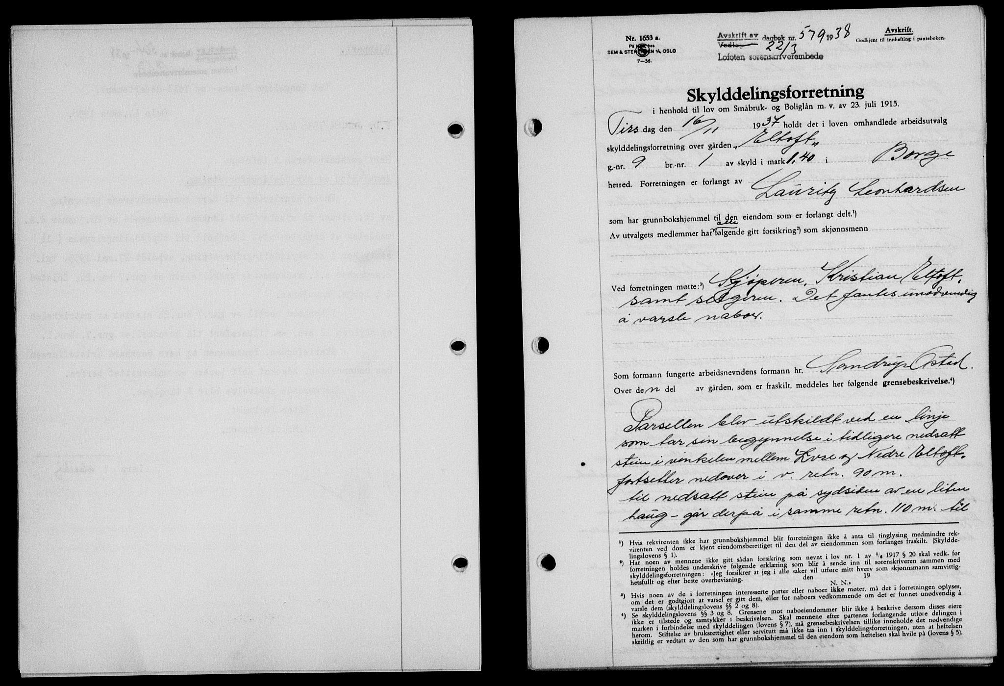 Lofoten sorenskriveri, SAT/A-0017/1/2/2C/L0003a: Mortgage book no. 3a, 1937-1938, Diary no: : 579/1938