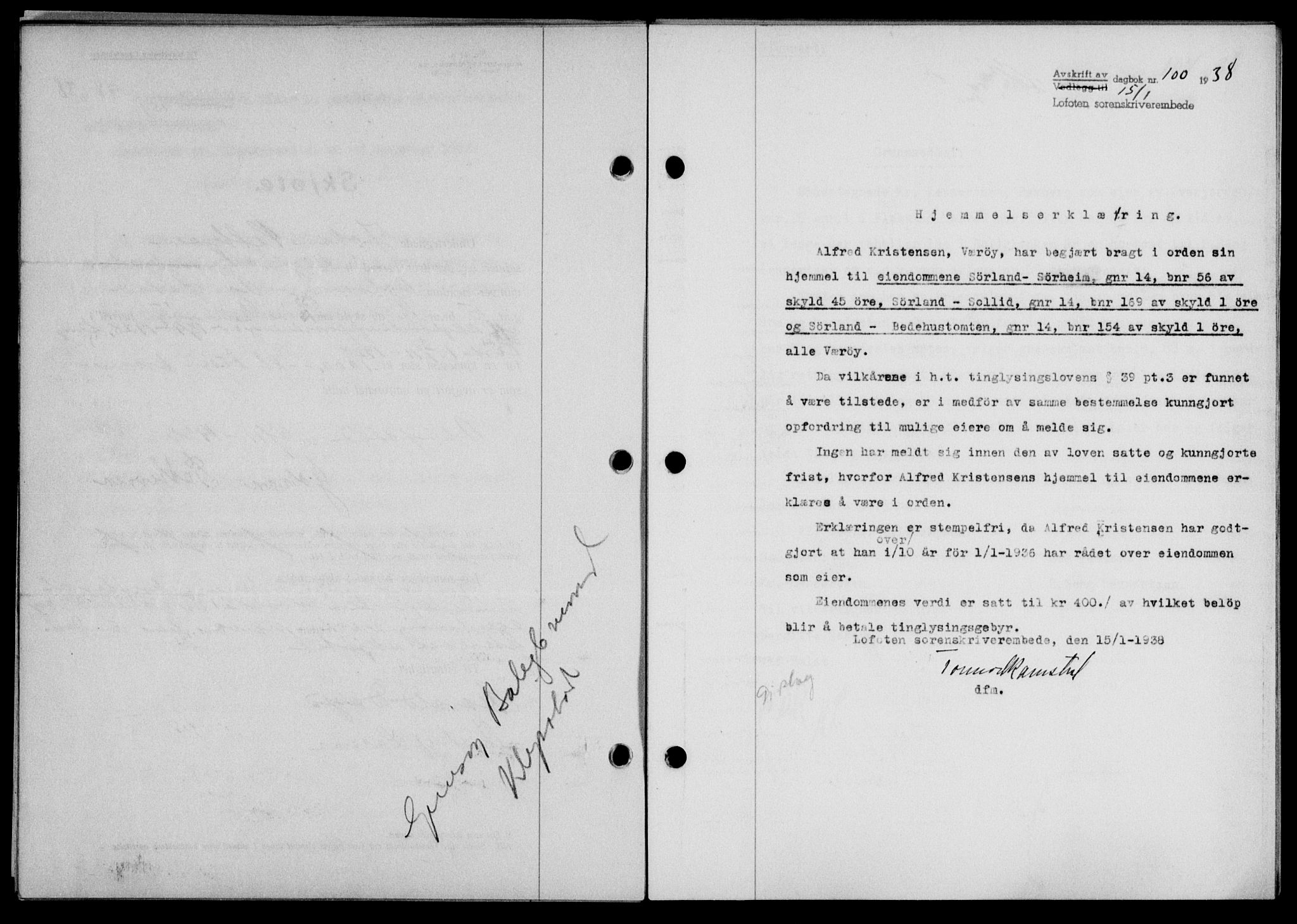 Lofoten sorenskriveri, SAT/A-0017/1/2/2C/L0003a: Mortgage book no. 3a, 1937-1938, Diary no: : 100/1938