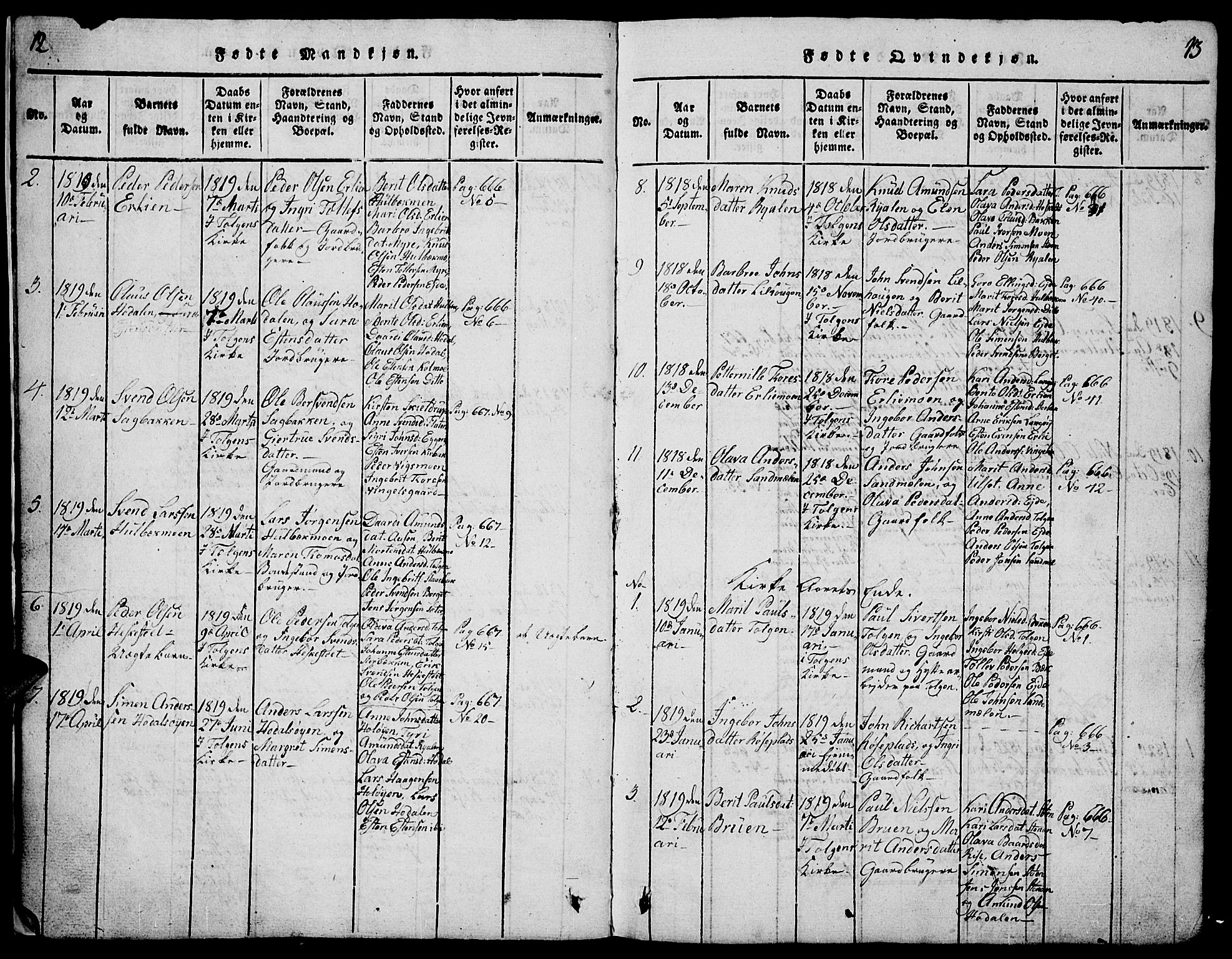 Tolga prestekontor, AV/SAH-PREST-062/L/L0001: Parish register (copy) no. 1, 1814-1877, p. 12-13