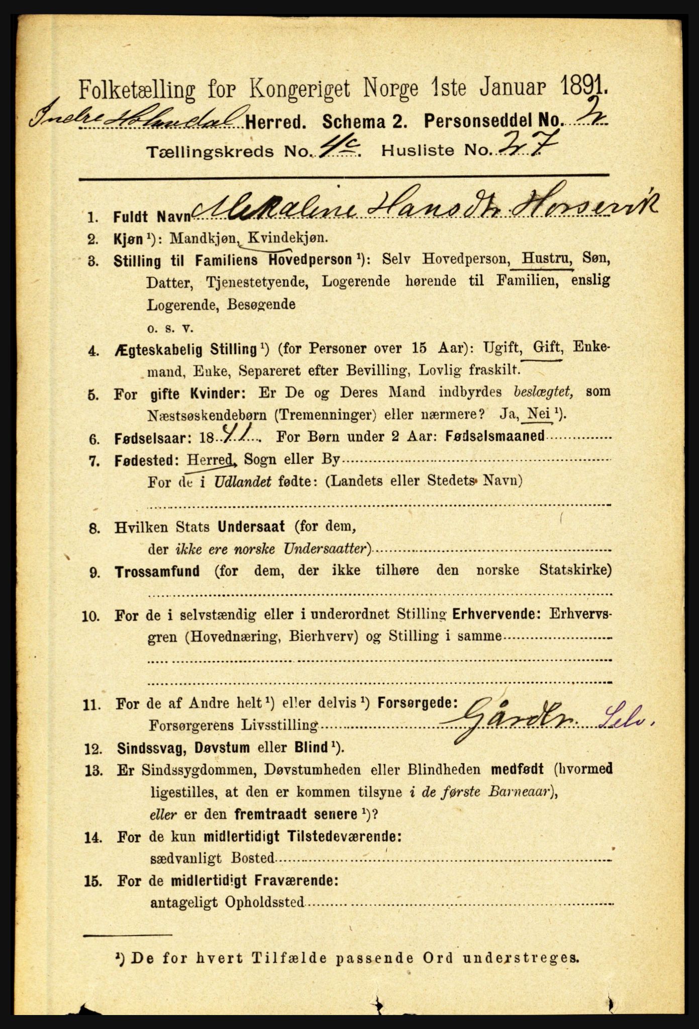 RA, 1891 census for 1430 Indre Holmedal, 1891, p. 1820