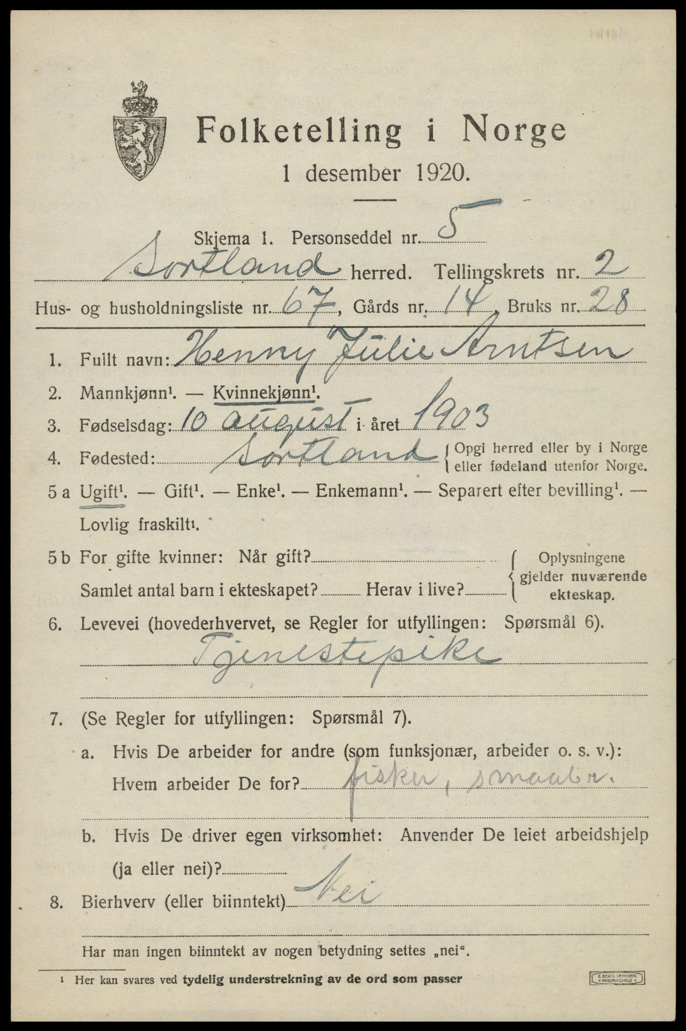 SAT, 1920 census for Sortland, 1920, p. 3558