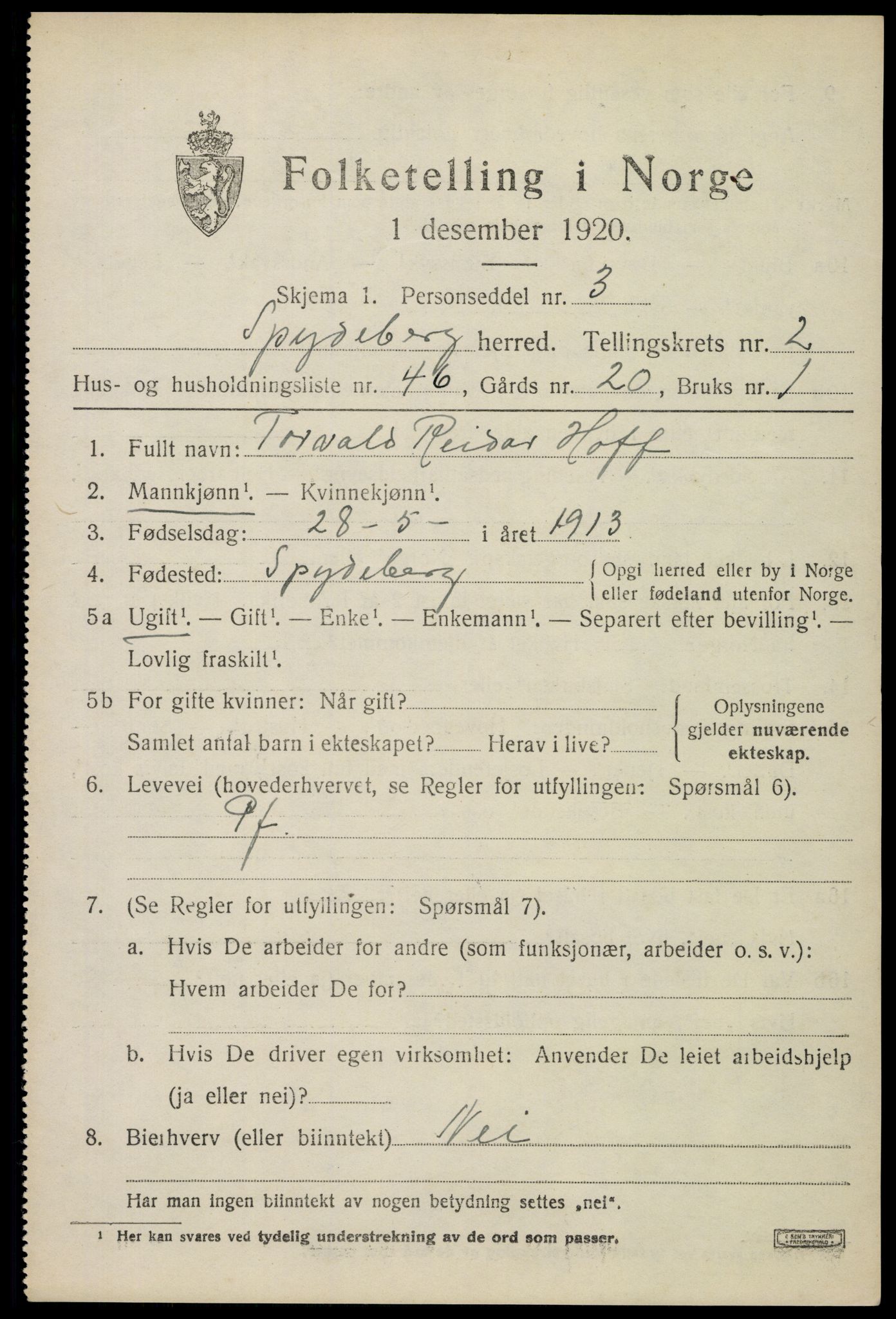 SAO, 1920 census for Spydeberg, 1920, p. 3439