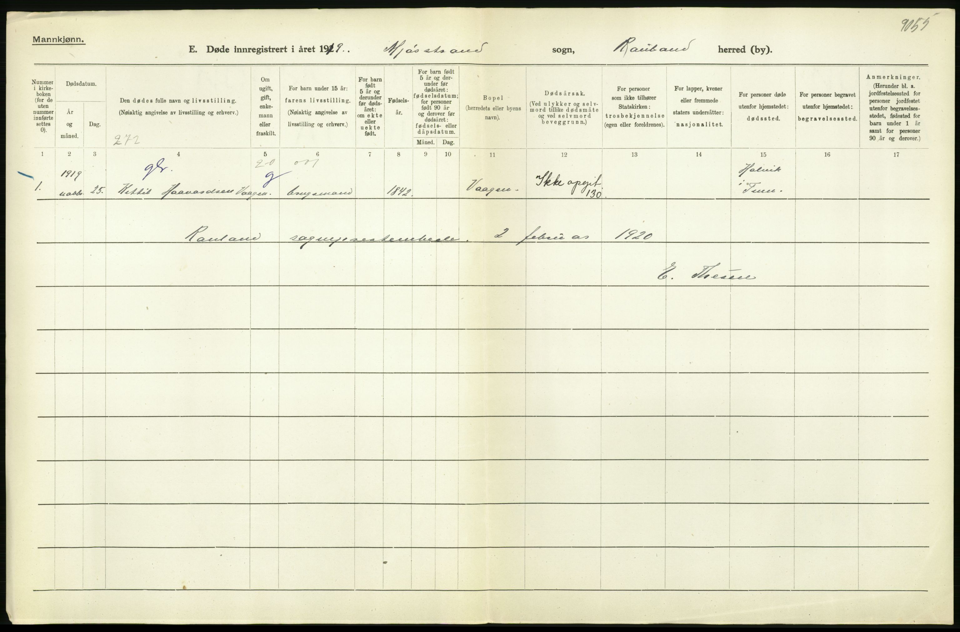 Statistisk sentralbyrå, Sosiodemografiske emner, Befolkning, RA/S-2228/D/Df/Dfb/Dfbi/L0023: Telemark fylke: Døde. Bygder og byer., 1919, p. 180