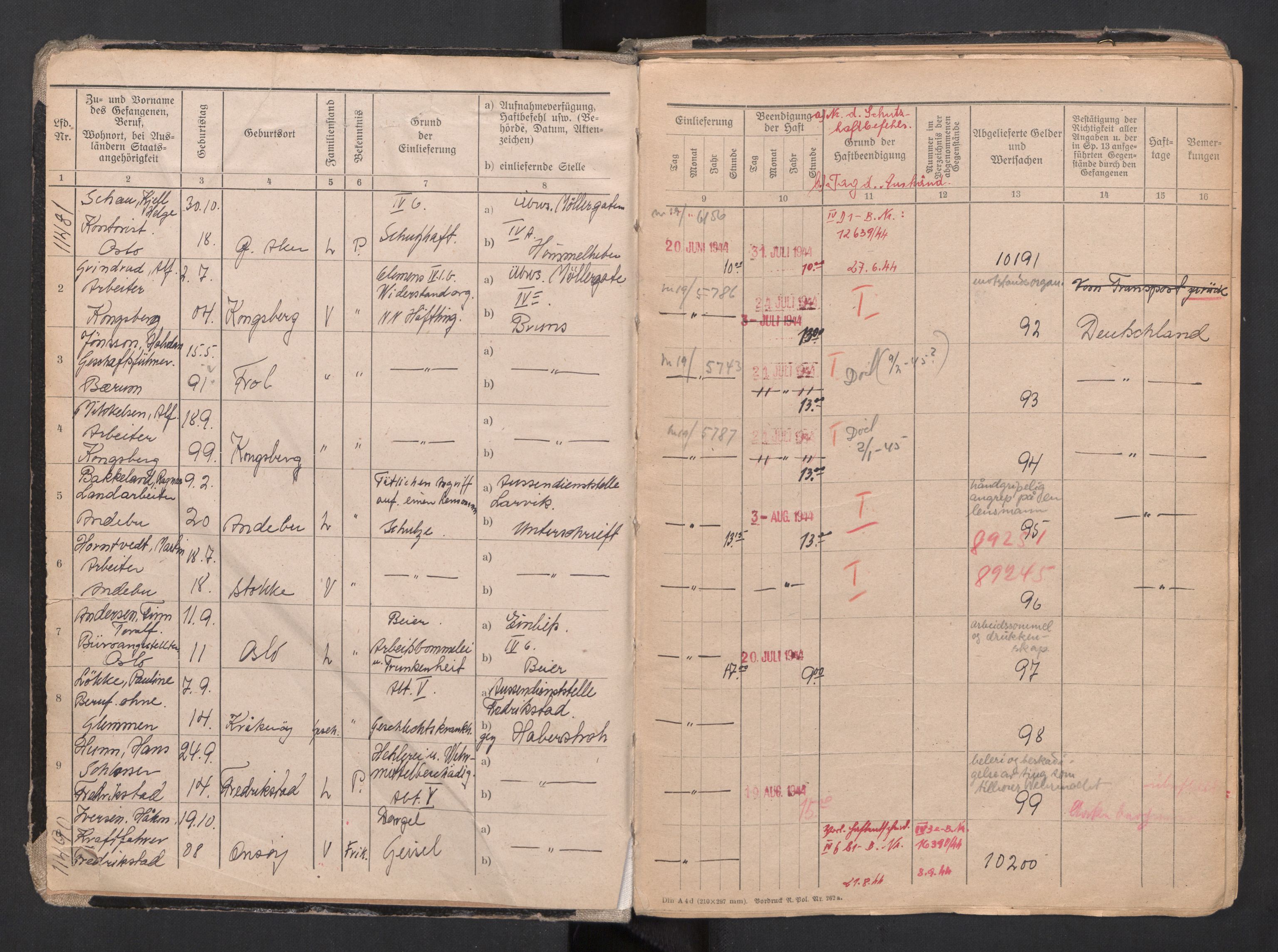 Befehlshaber der Sicherheitspolizei und des SD, AV/RA-RAFA-5969/F/Fa/Faa/L0007: Fangeprotokoll. - Gefangenen-Buch B. Fangenr. 11481-12000 og 13061-13930., 1944