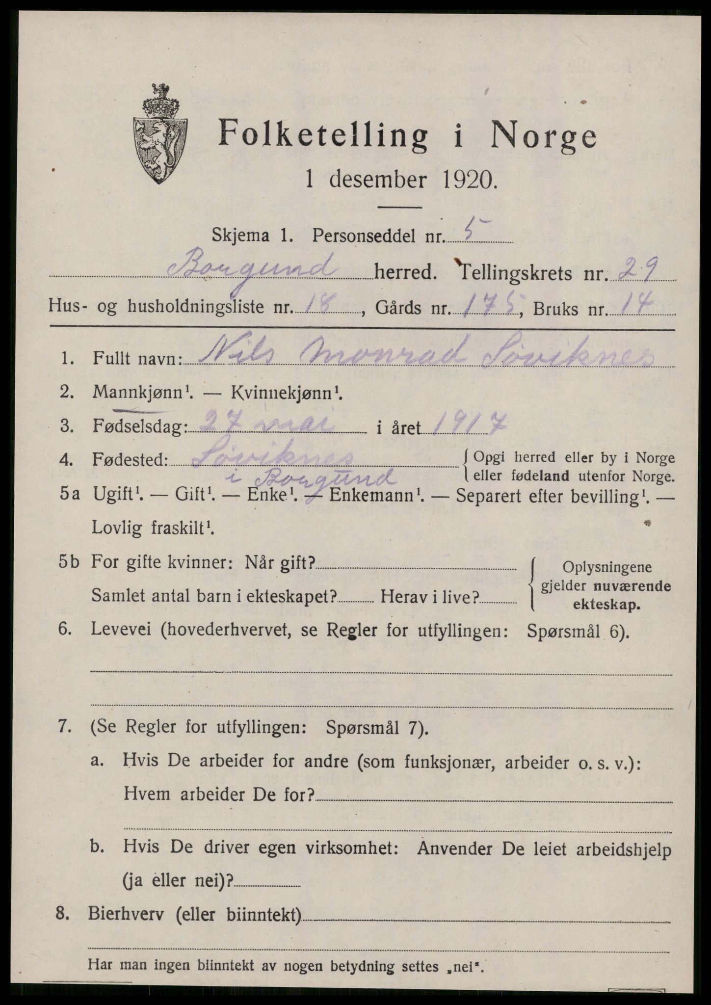 SAT, 1920 census for Borgund, 1920, p. 18866