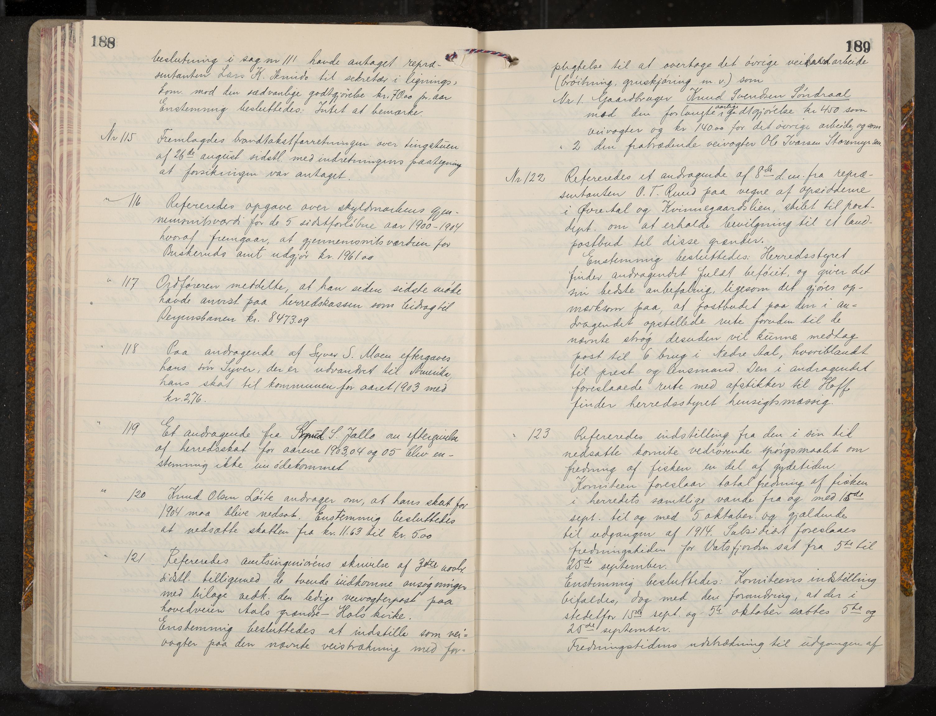 Ål formannskap og sentraladministrasjon, IKAK/0619021/A/Aa/L0005: Utskrift av møtebok, 1902-1910, p. 188-189