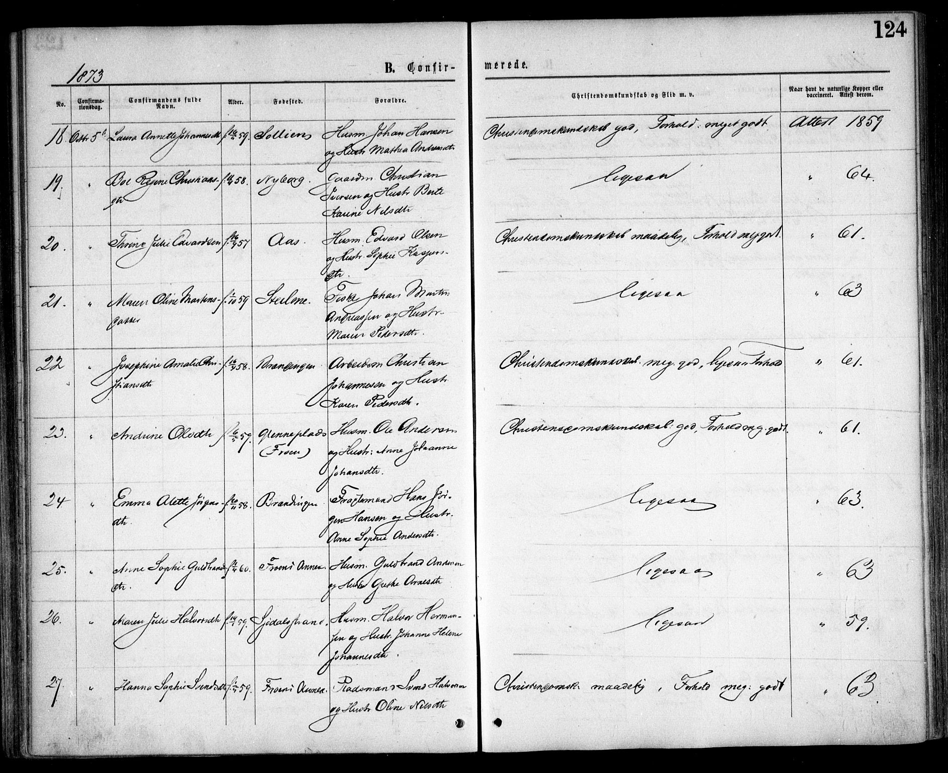 Nesodden prestekontor Kirkebøker, AV/SAO-A-10013/F/Fa/L0008: Parish register (official) no. I 8, 1869-1879, p. 124