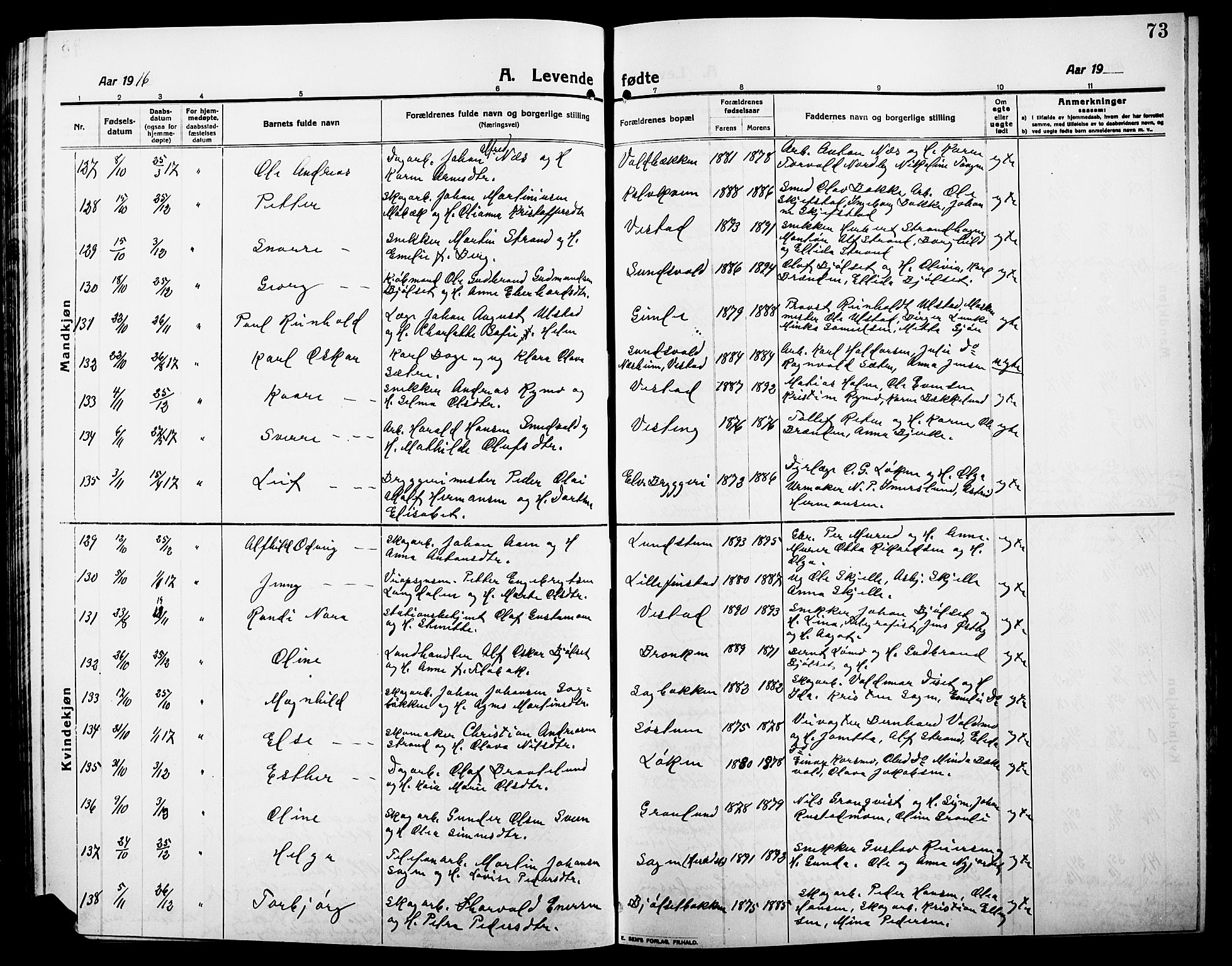 Elverum prestekontor, AV/SAH-PREST-044/H/Ha/Hab/L0010: Parish register (copy) no. 10, 1912-1922, p. 73