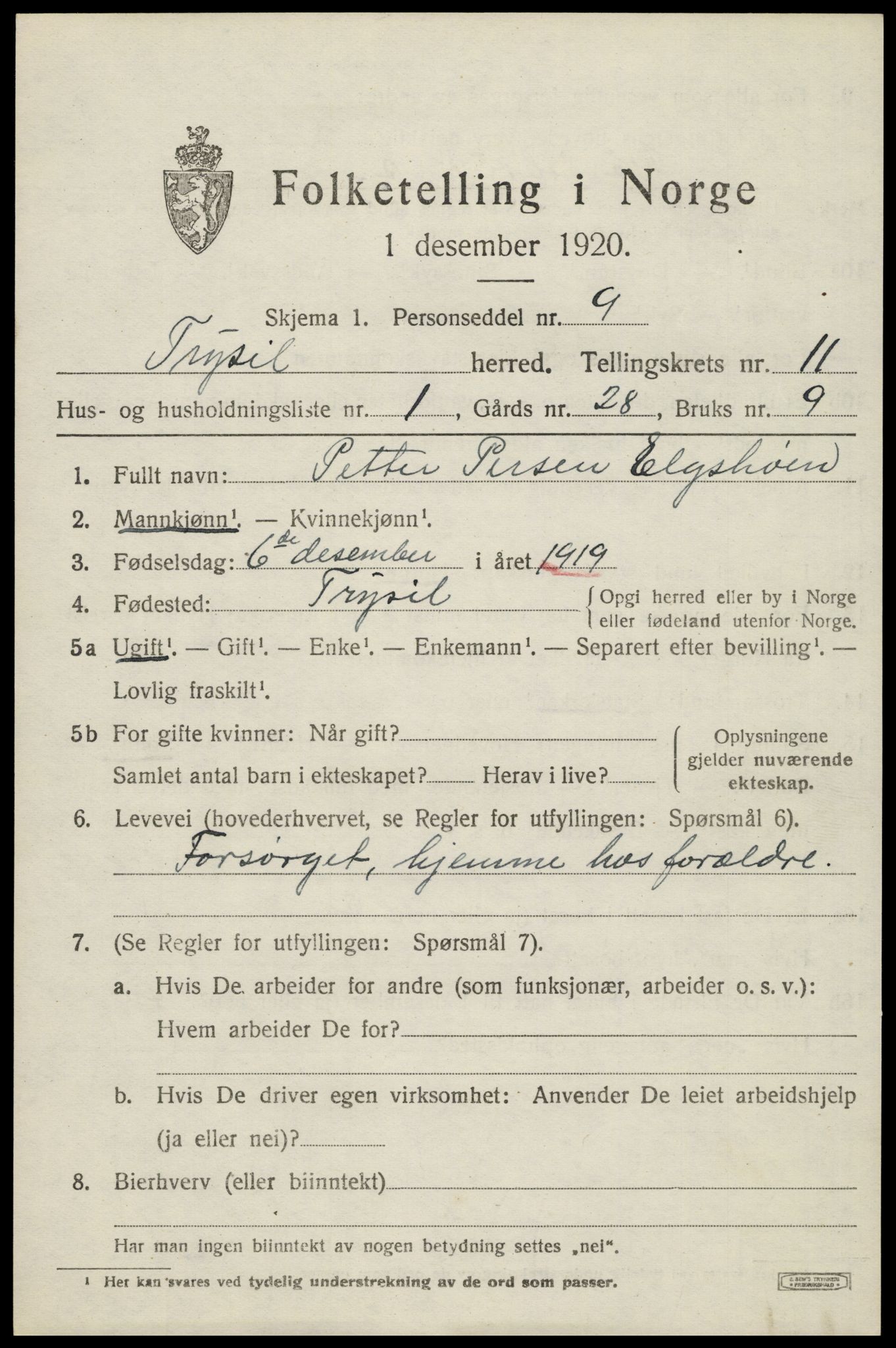 SAH, 1920 census for Trysil, 1920, p. 6973
