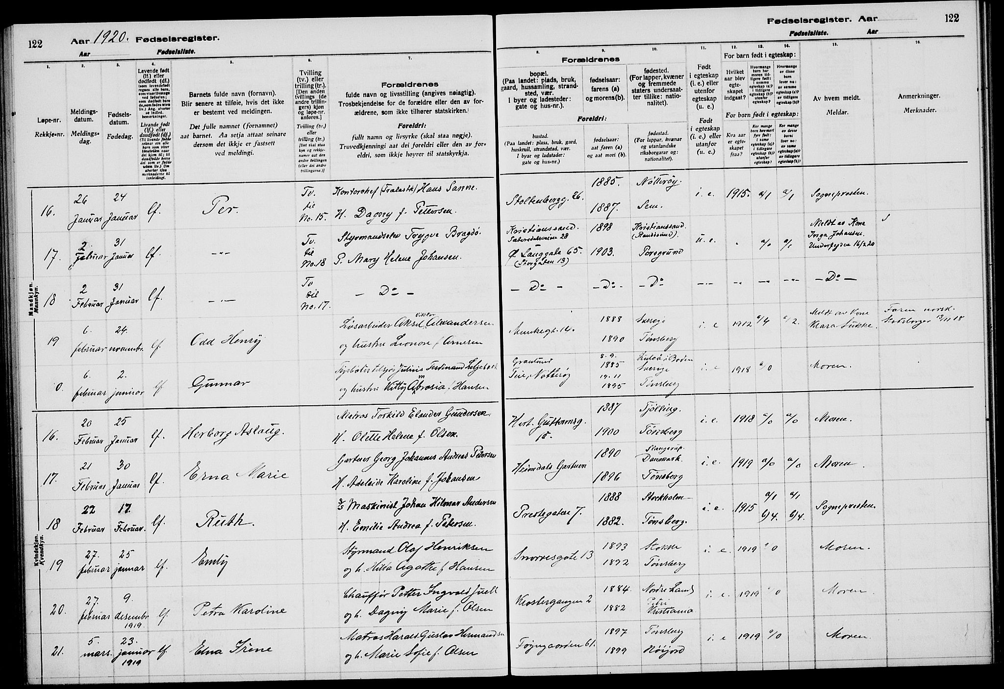 Tønsberg kirkebøker, AV/SAKO-A-330/J/Ja/L0001: Birth register no. 1, 1916-1922, p. 122