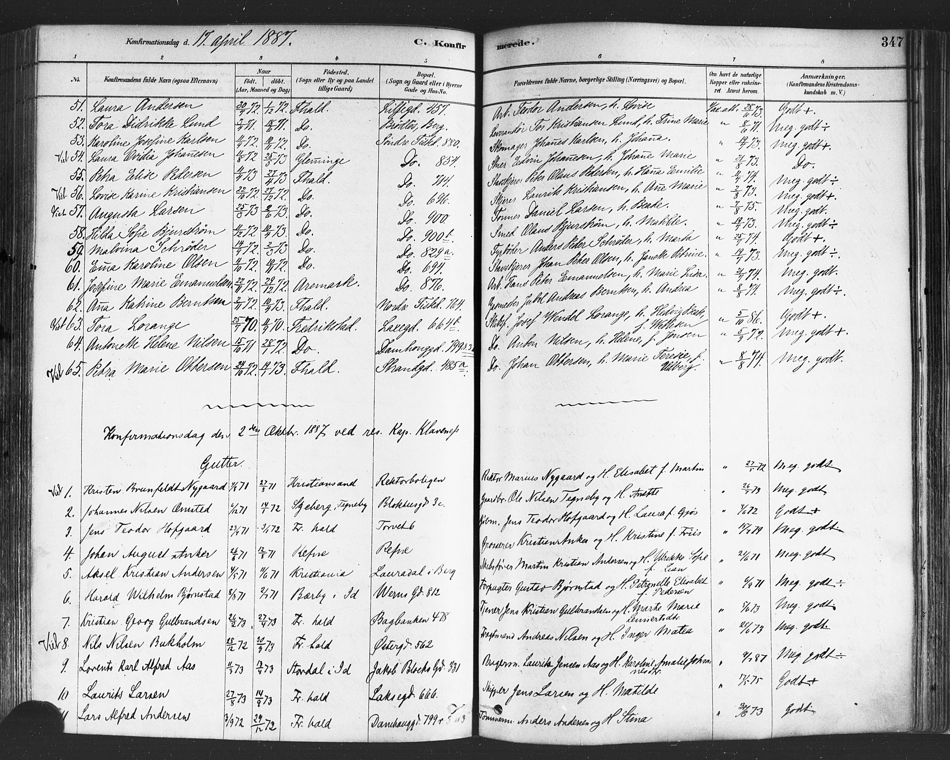 Halden prestekontor Kirkebøker, SAO/A-10909/F/Fa/L0011: Parish register (official) no. I 11, 1878-1889, p. 347