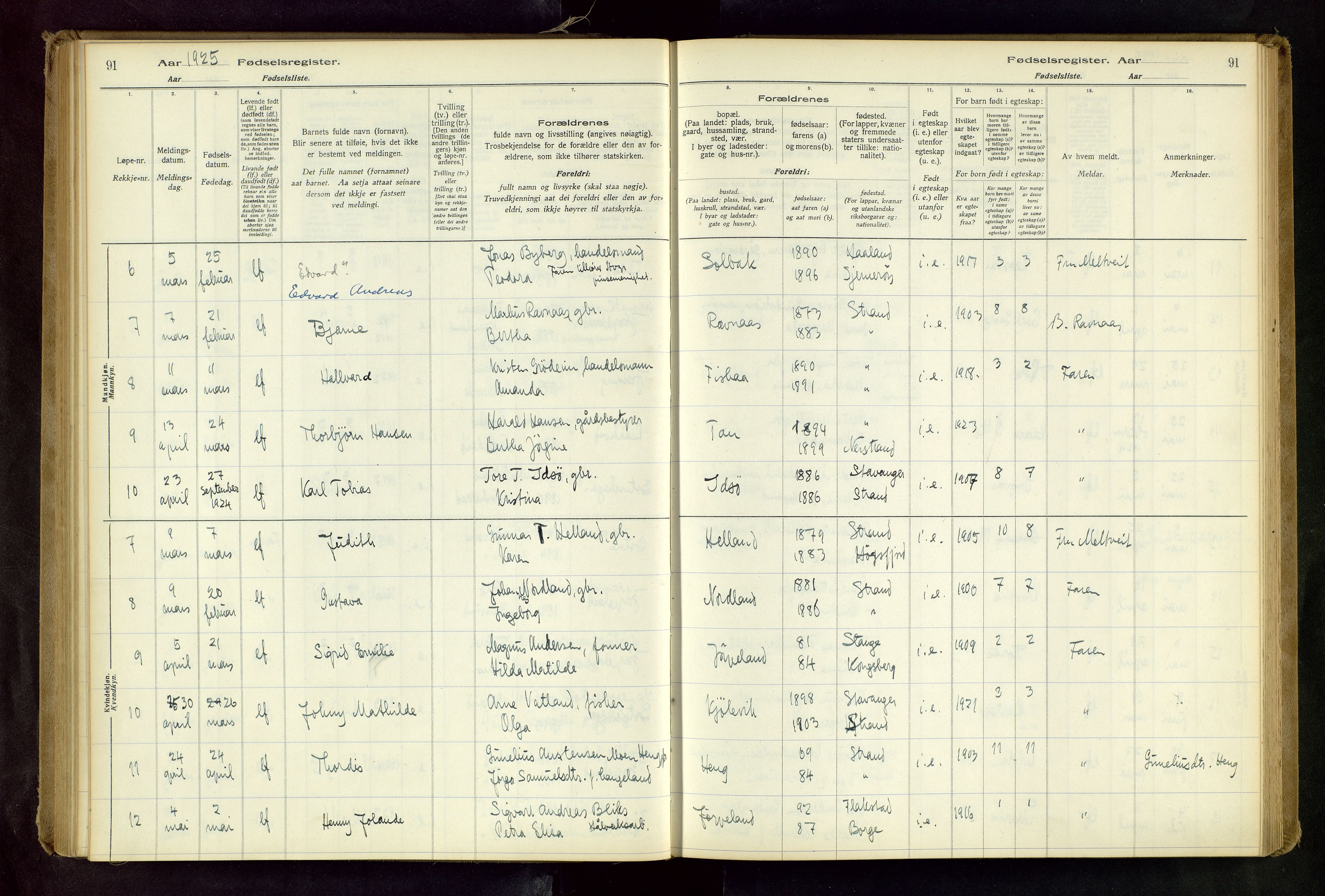 Strand sokneprestkontor, AV/SAST-A-101828/I/Id/L0001: Birth register no. 1, 1916-1938, p. 91