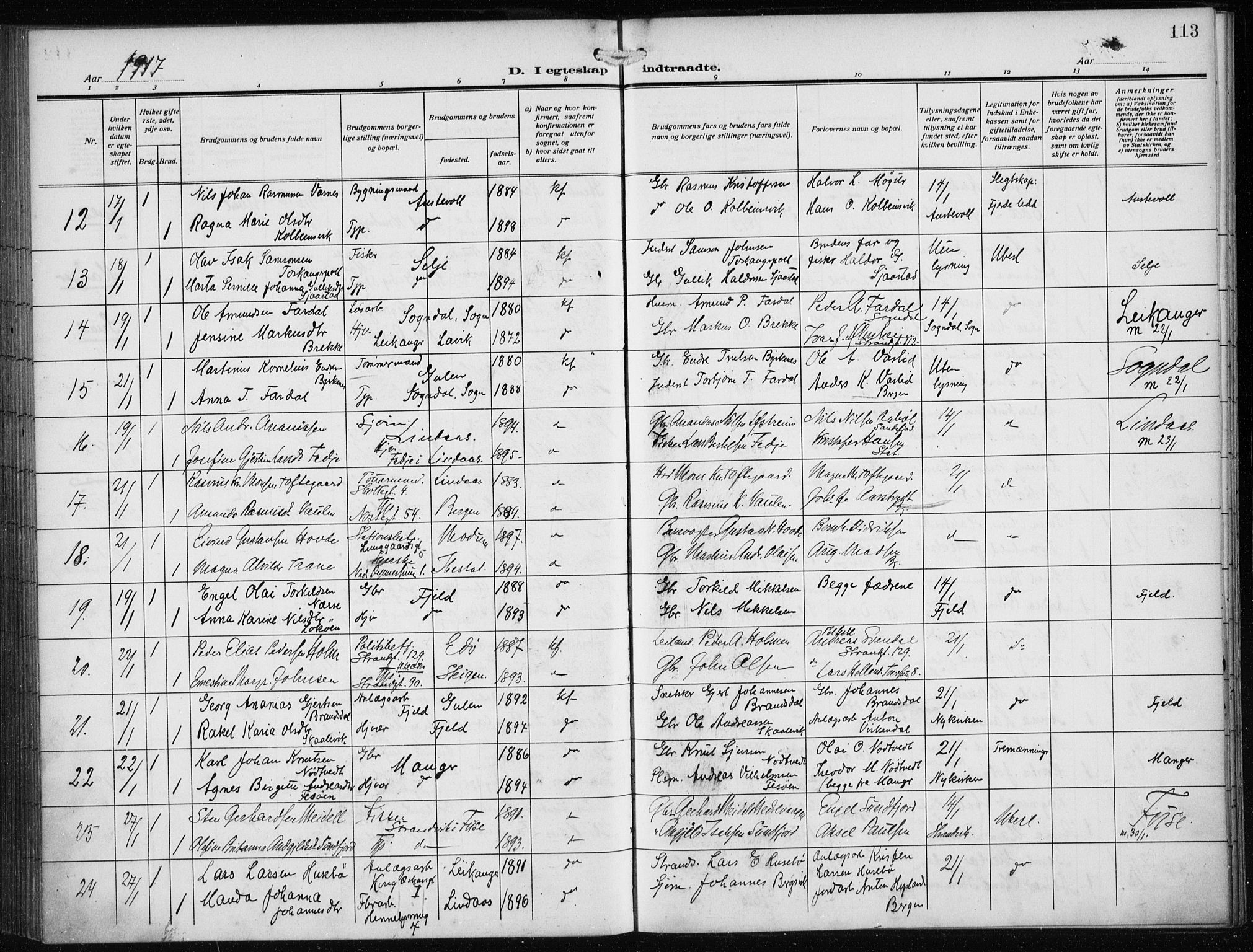 Nykirken Sokneprestembete, AV/SAB-A-77101/H/Haa/L0036: Parish register (official) no. D 6, 1913-1918, p. 113