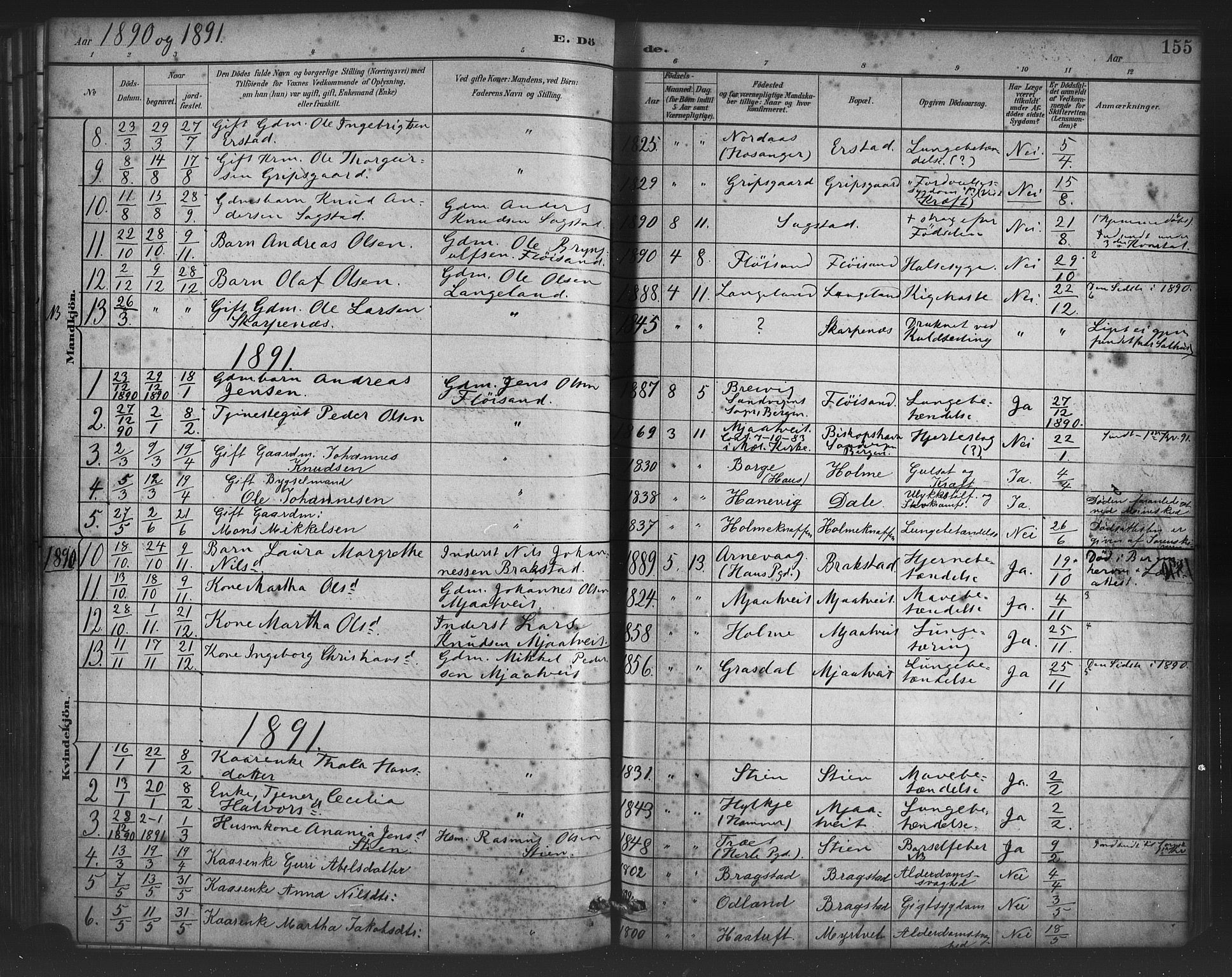 Alversund Sokneprestembete, SAB/A-73901/H/Ha/Haa/Haac/L0001: Parish register (official) no. C 1, 1882-1900, p. 155