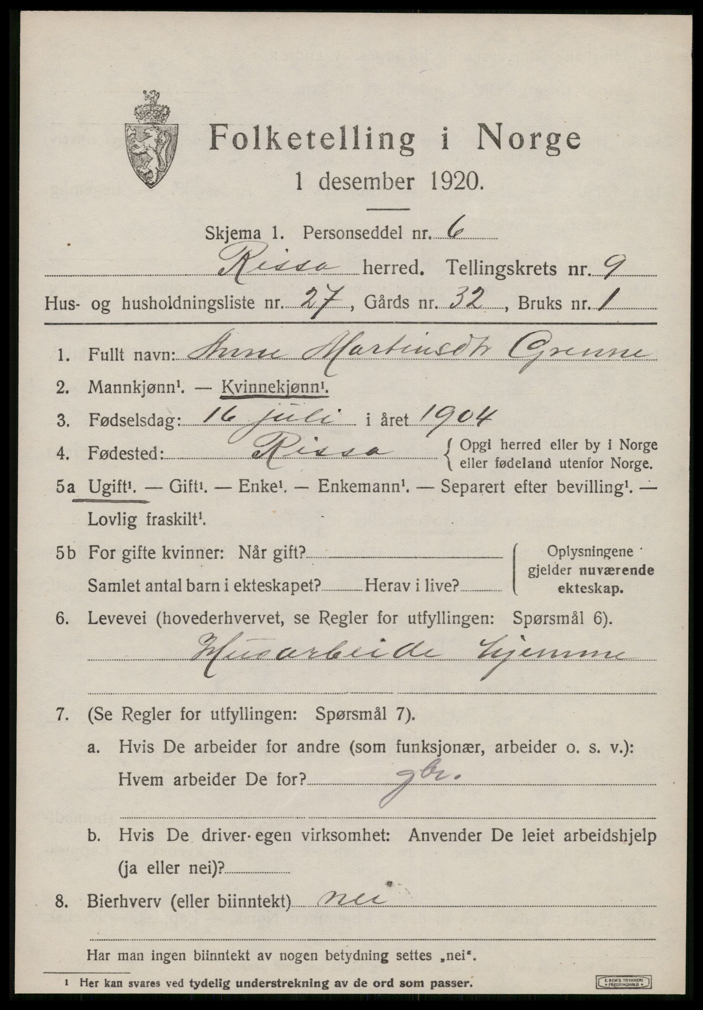 SAT, 1920 census for Rissa, 1920, p. 6321