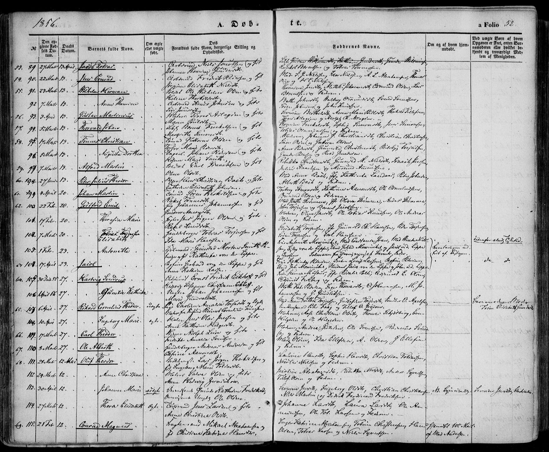Kristiansand domprosti, AV/SAK-1112-0006/F/Fa/L0014: Parish register (official) no. A 14, 1852-1867, p. 52