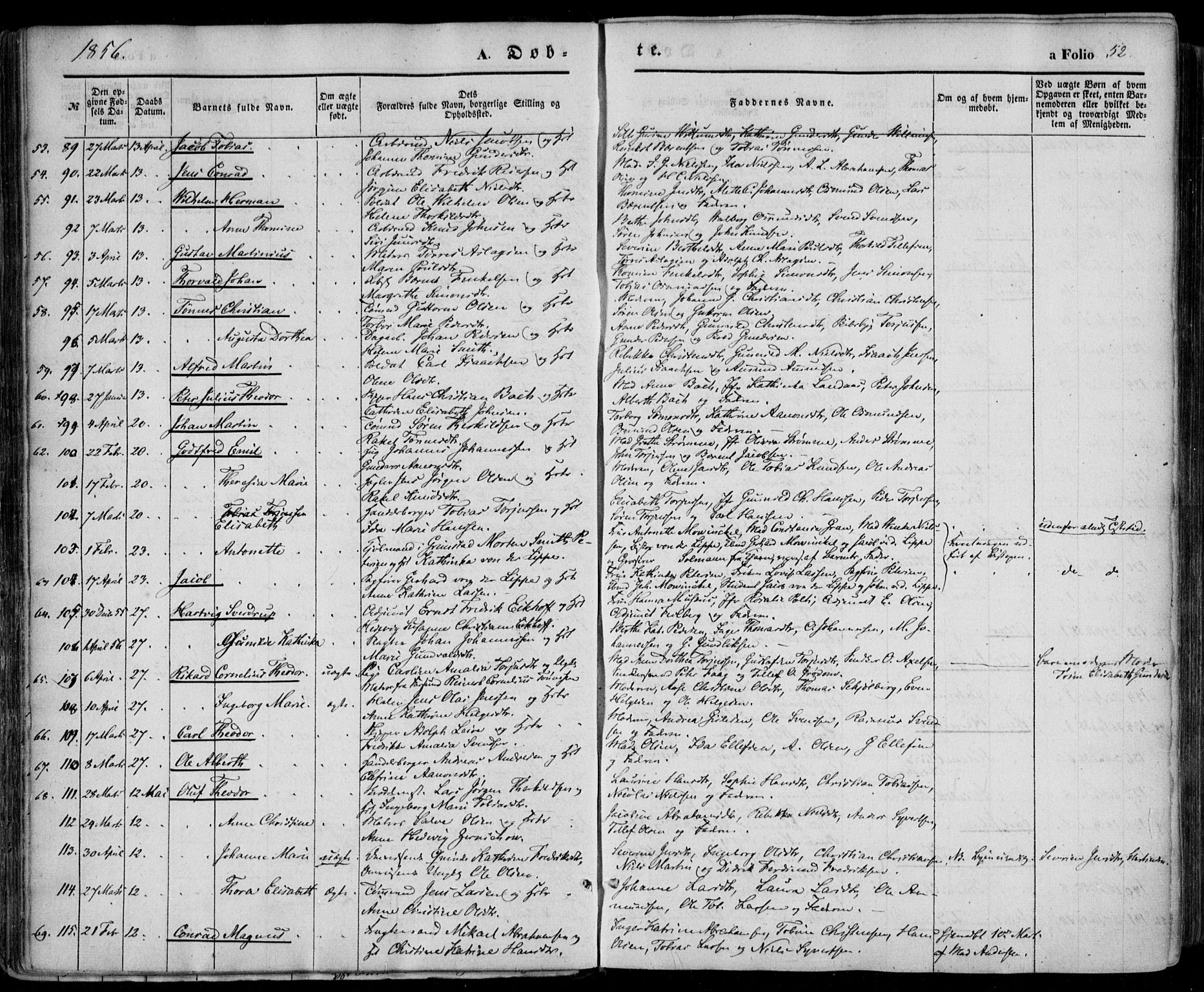 Kristiansand domprosti, SAK/1112-0006/F/Fa/L0014: Parish register (official) no. A 14, 1852-1867, p. 52