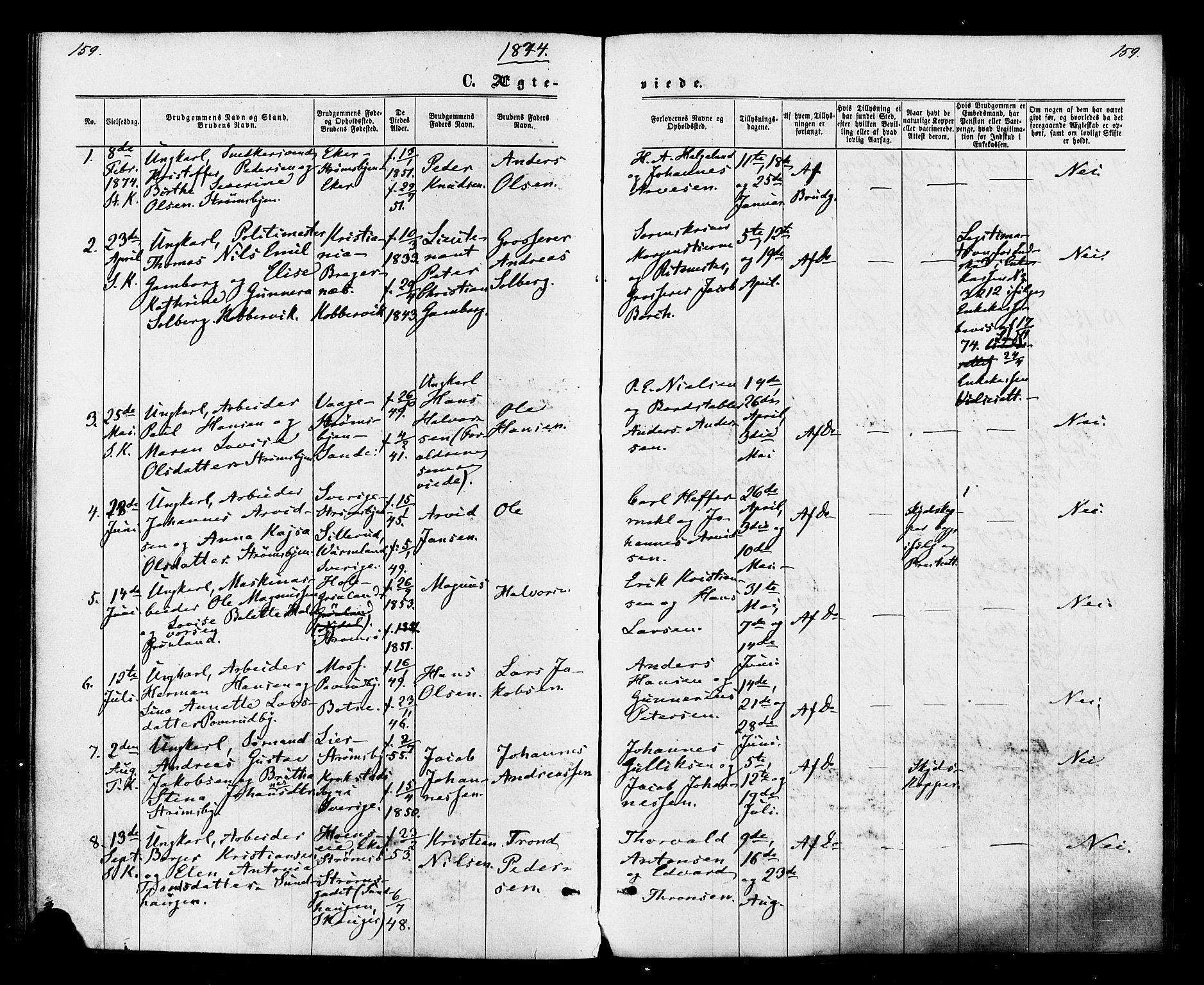 Strømsø kirkebøker, AV/SAKO-A-246/F/Fa/L0020: Parish register (official) no. I 20, 1870-1878, p. 159