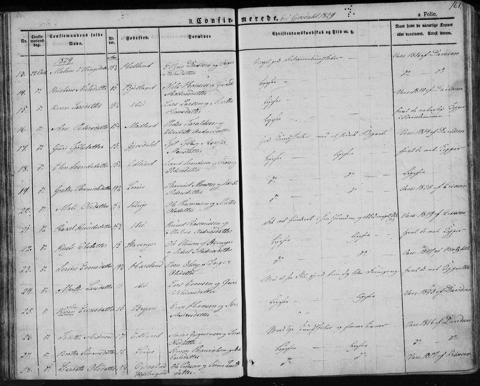 Lye sokneprestkontor, AV/SAST-A-101794/001/30BA/L0004: Parish register (official) no. A 4, 1826-1841, p. 167