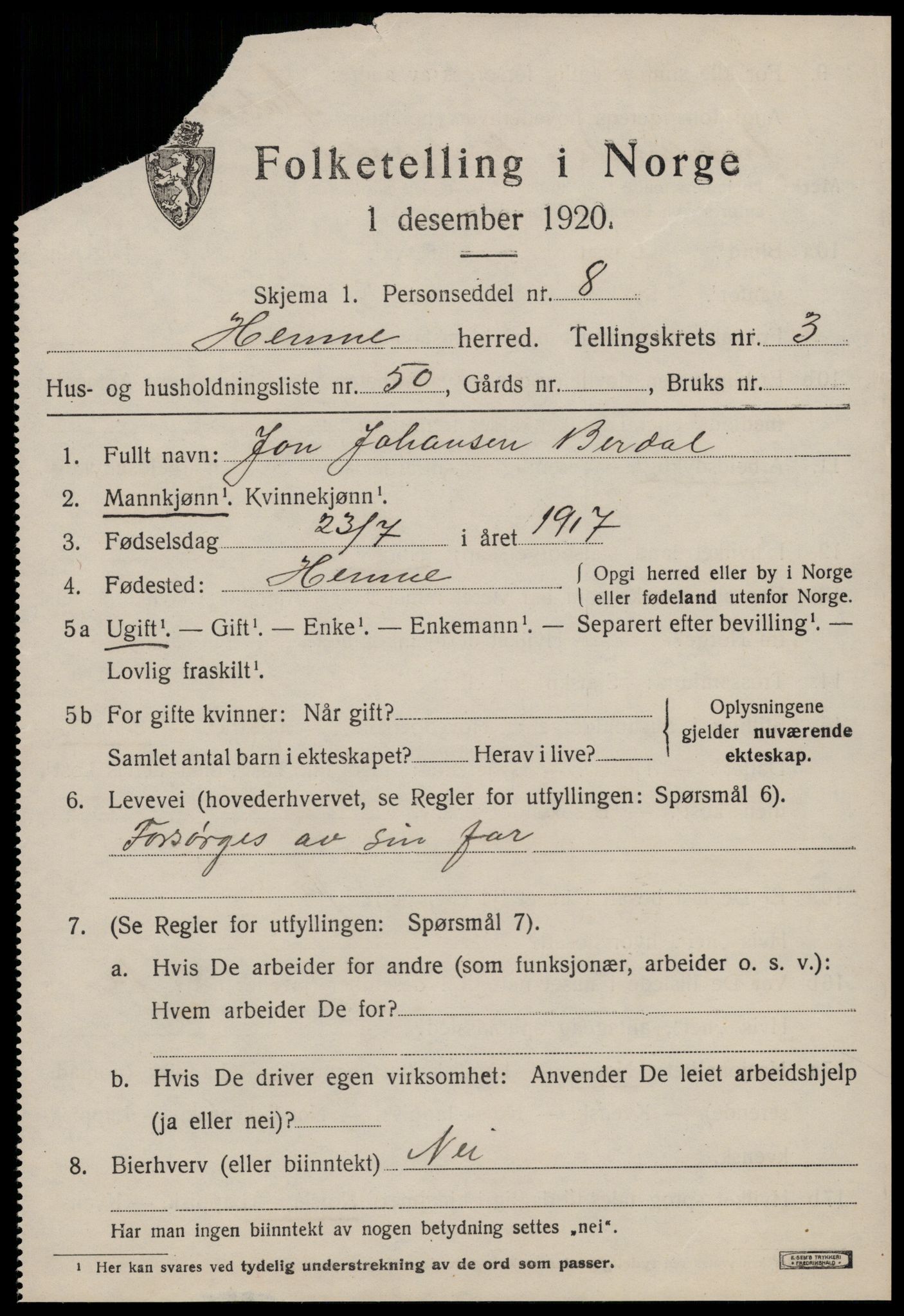 SAT, 1920 census for Hemne, 1920, p. 2848