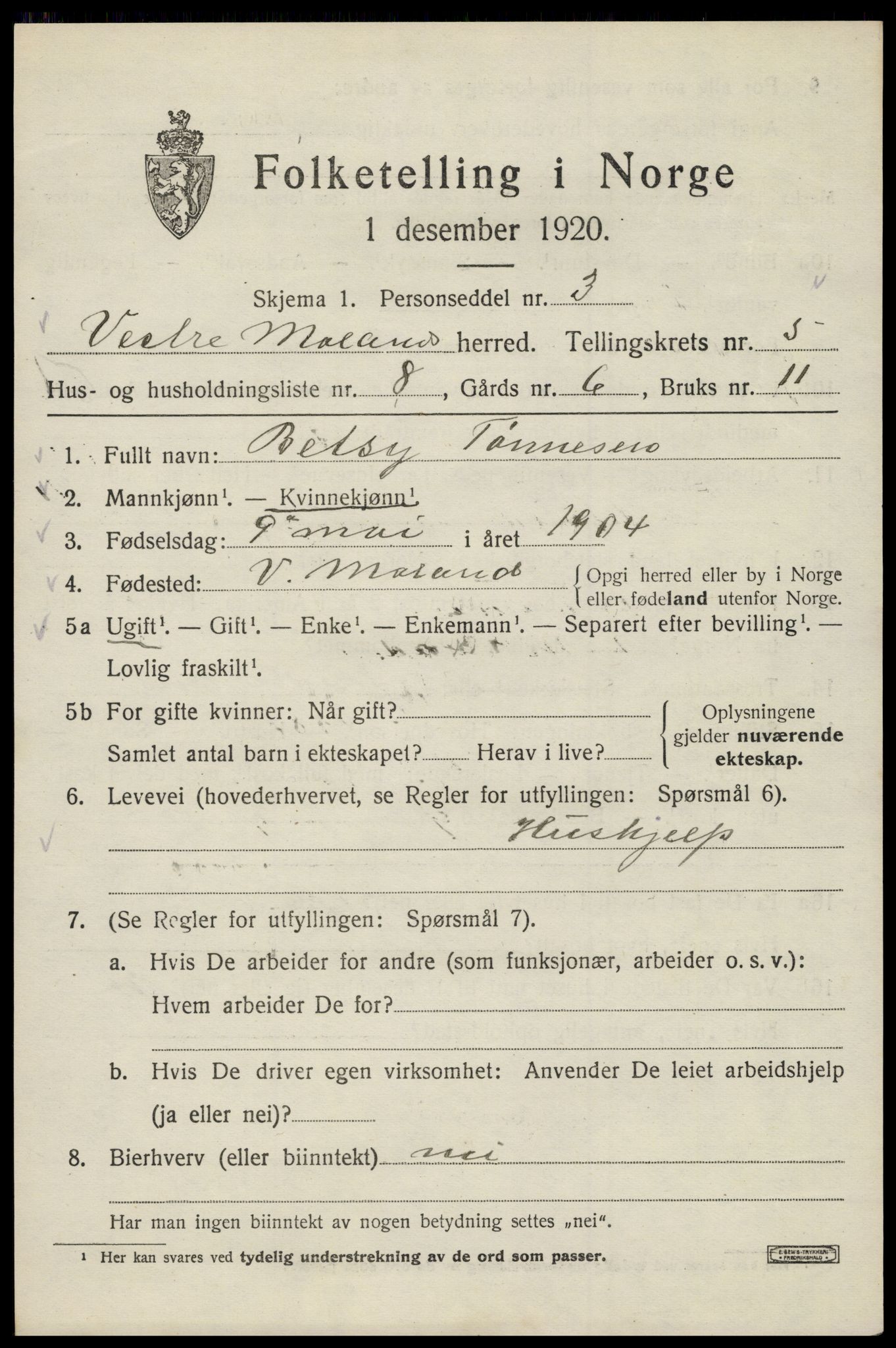 SAK, 1920 census for Vestre Moland, 1920, p. 3861