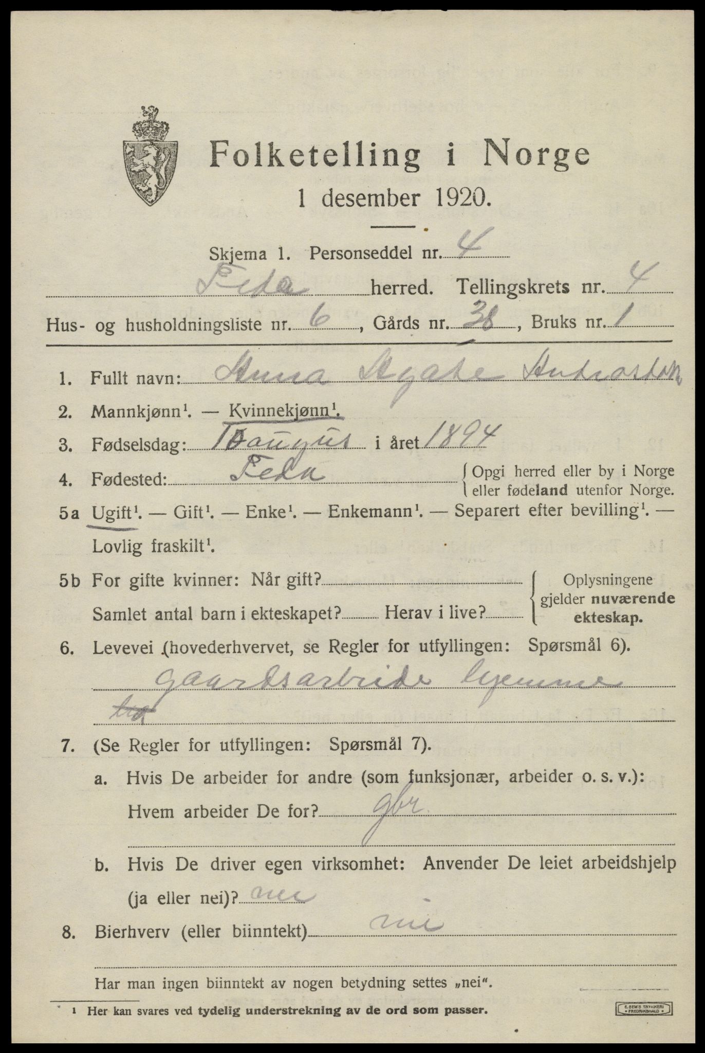 SAK, 1920 census for Feda, 1920, p. 1877