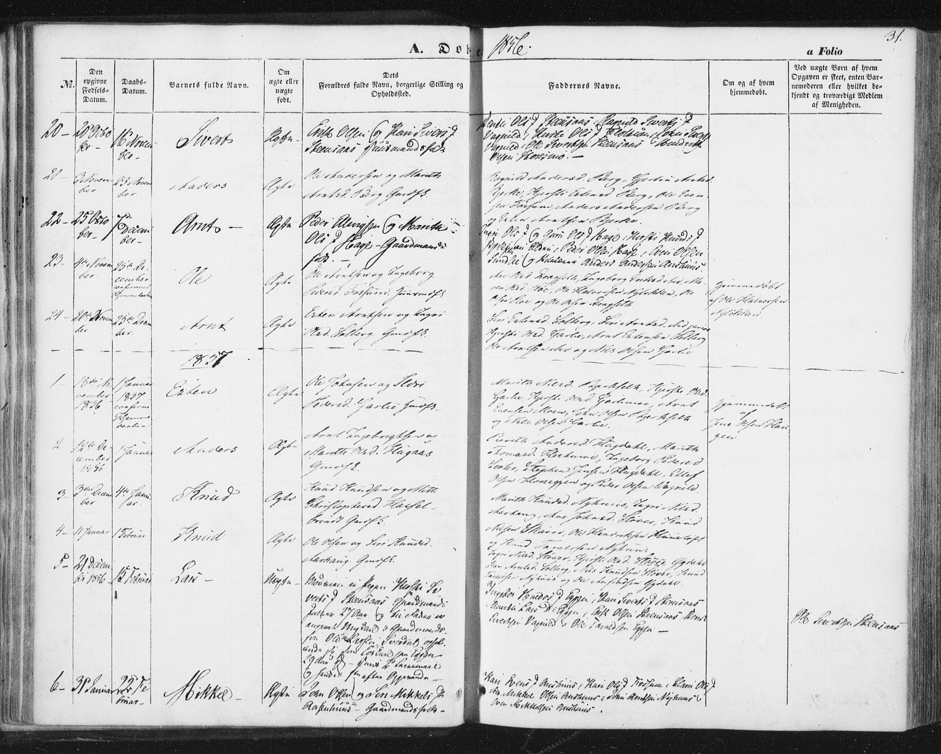 Ministerialprotokoller, klokkerbøker og fødselsregistre - Sør-Trøndelag, SAT/A-1456/689/L1038: Parish register (official) no. 689A03, 1848-1872, p. 31